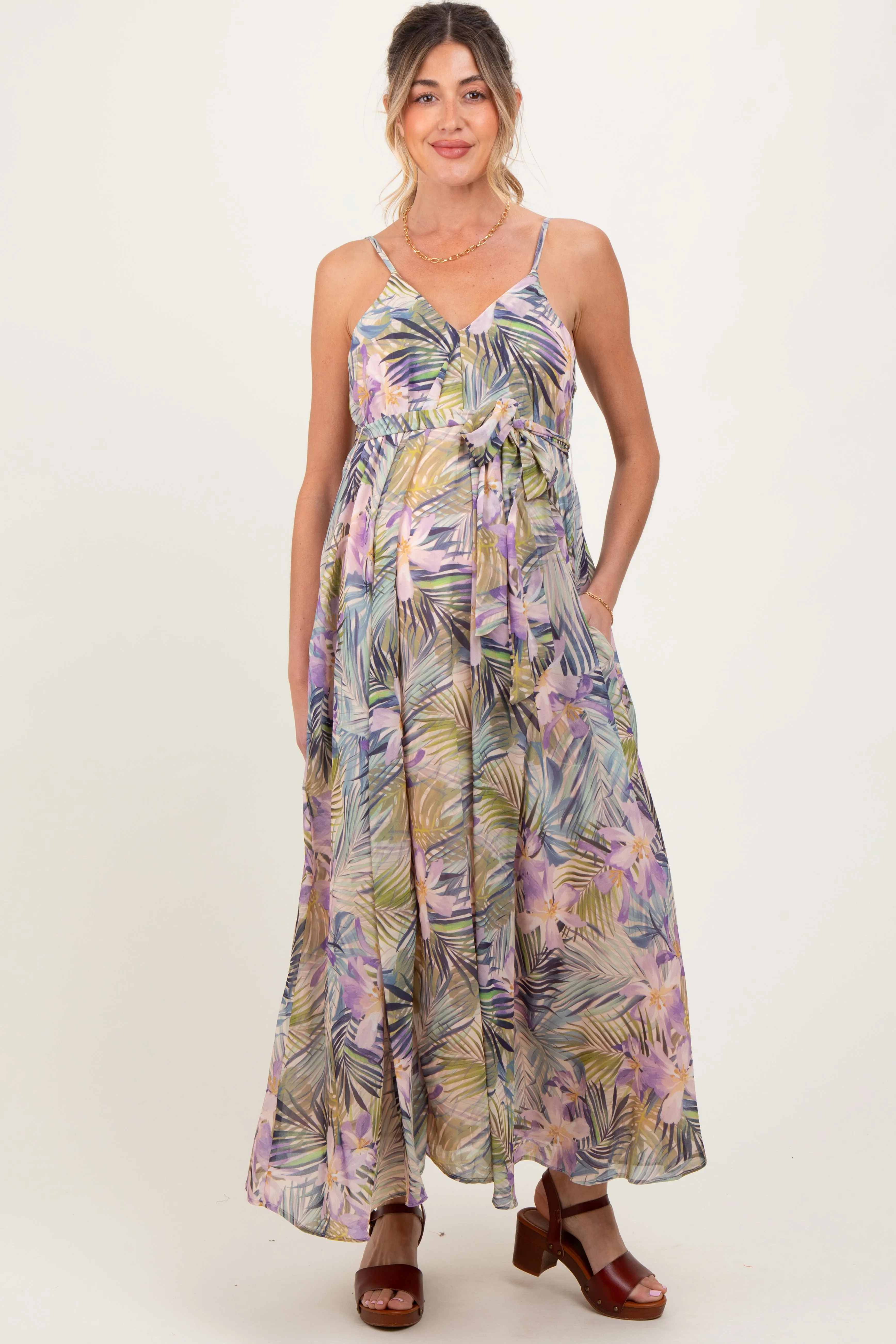 Lavender Tropical Floral Sash Tie Maternity Maxi Dress sold by Pinkblush product image thumbnail 2