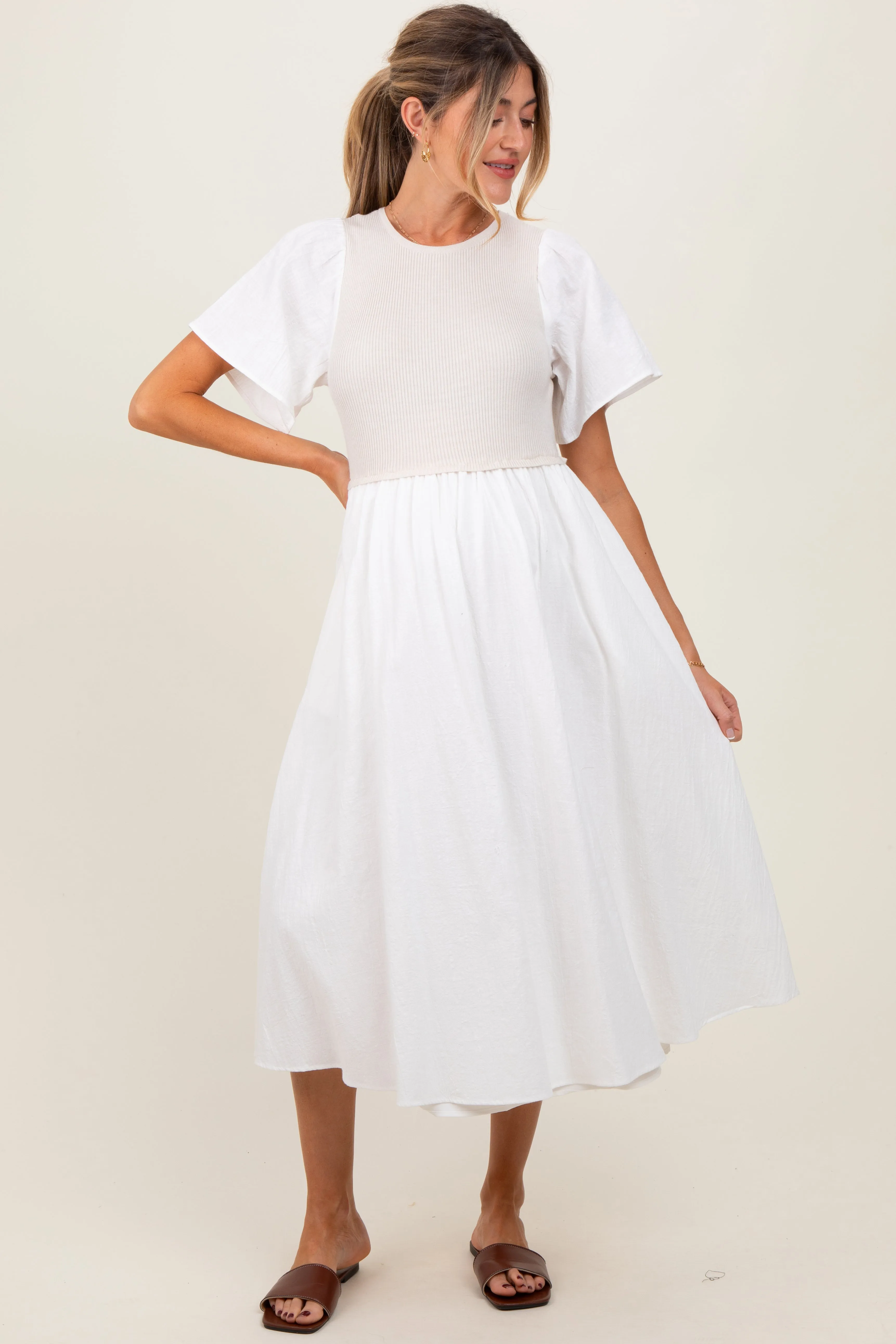 Ivory Ribbed Knit Contrast Top Maternity Midi Dress sold by Pinkblush product image thumbnail 2