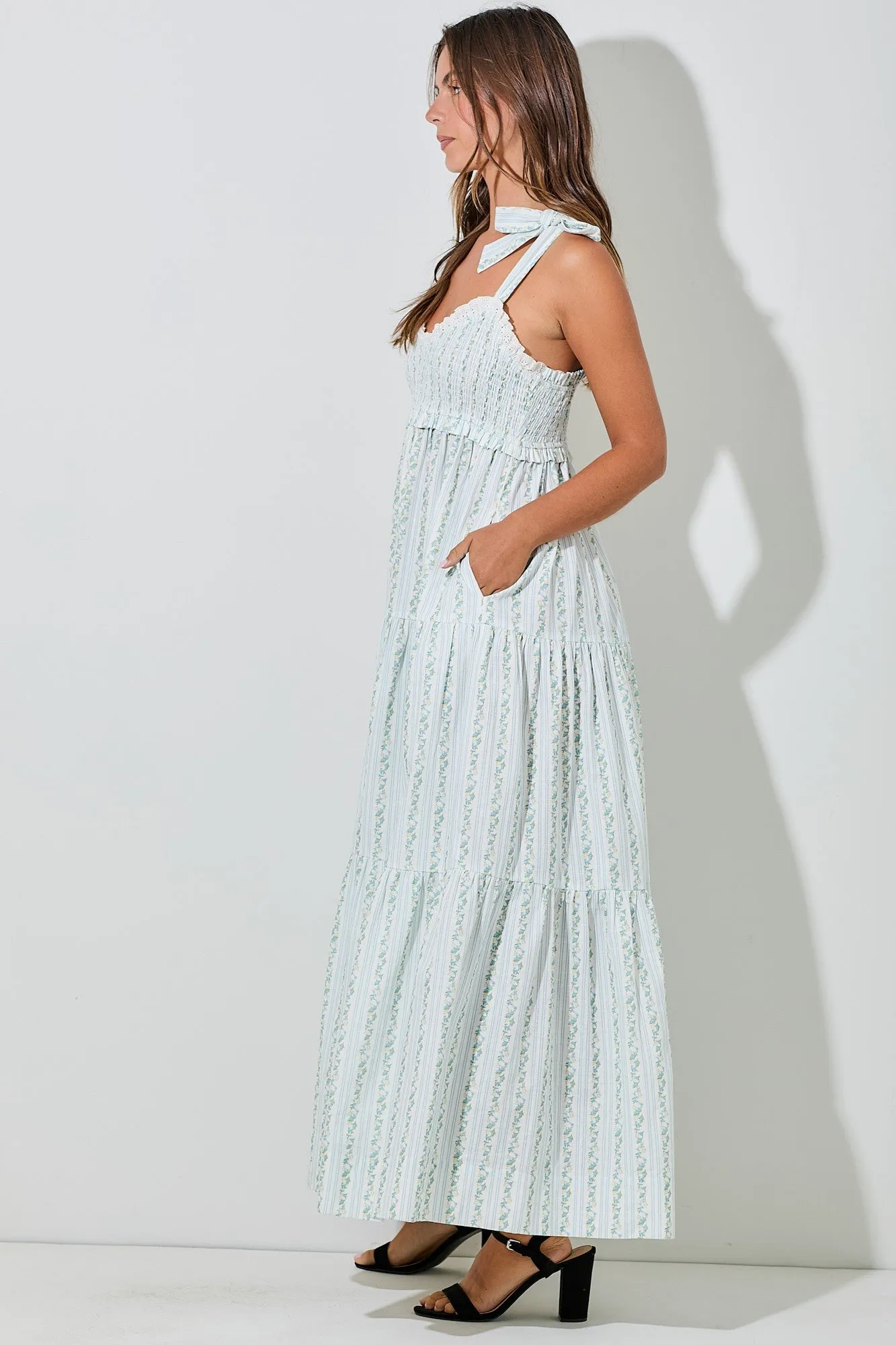 Blue Floral Striped Smocked Shoulder Tie Maxi Dress sold by Pinkblush product image thumbnail 2