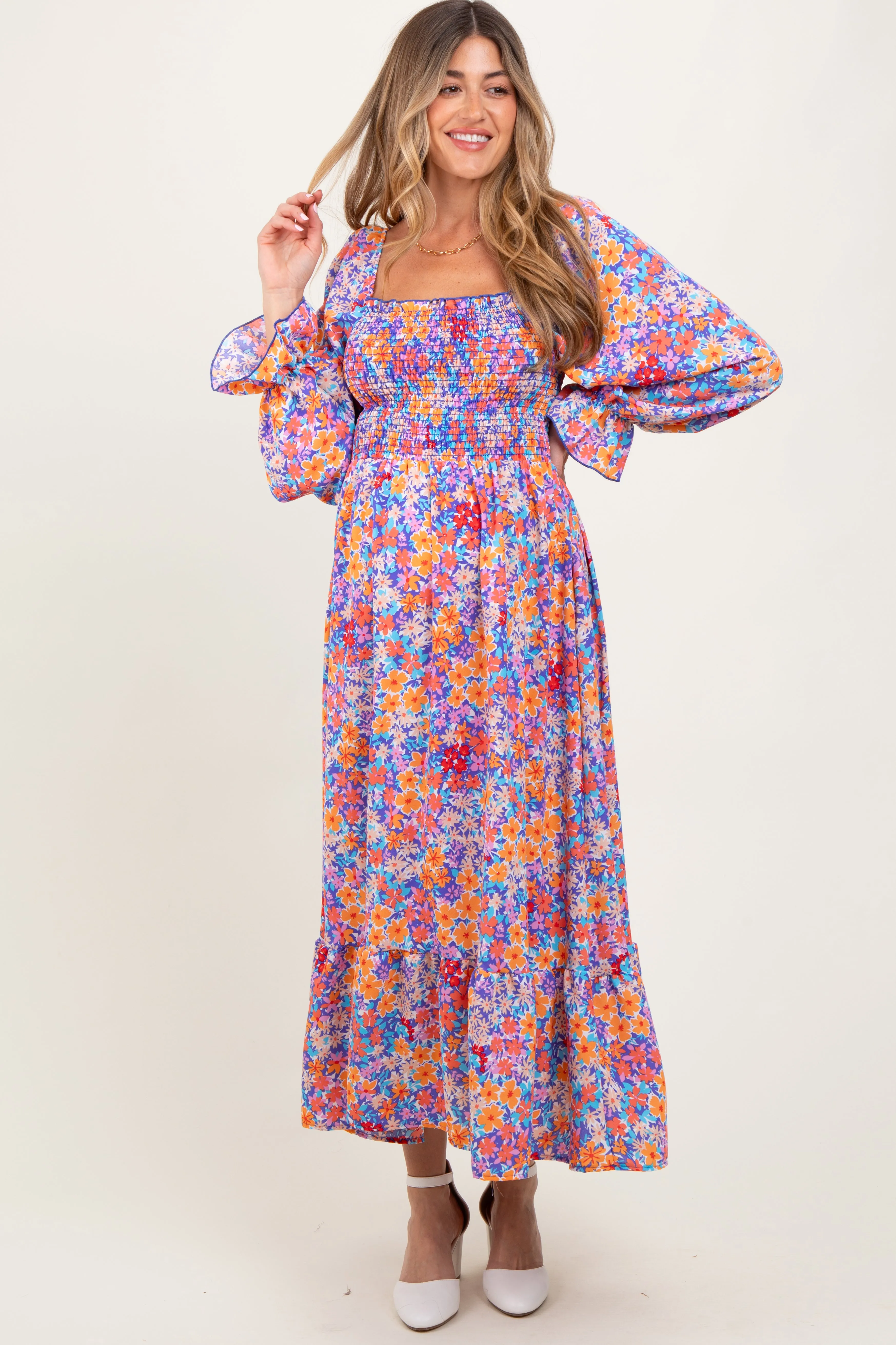Lavender/Coral Smocking Fit And Flare Maternity Maxi With Side Pockets sold by Pinkblush product image thumbnail 2