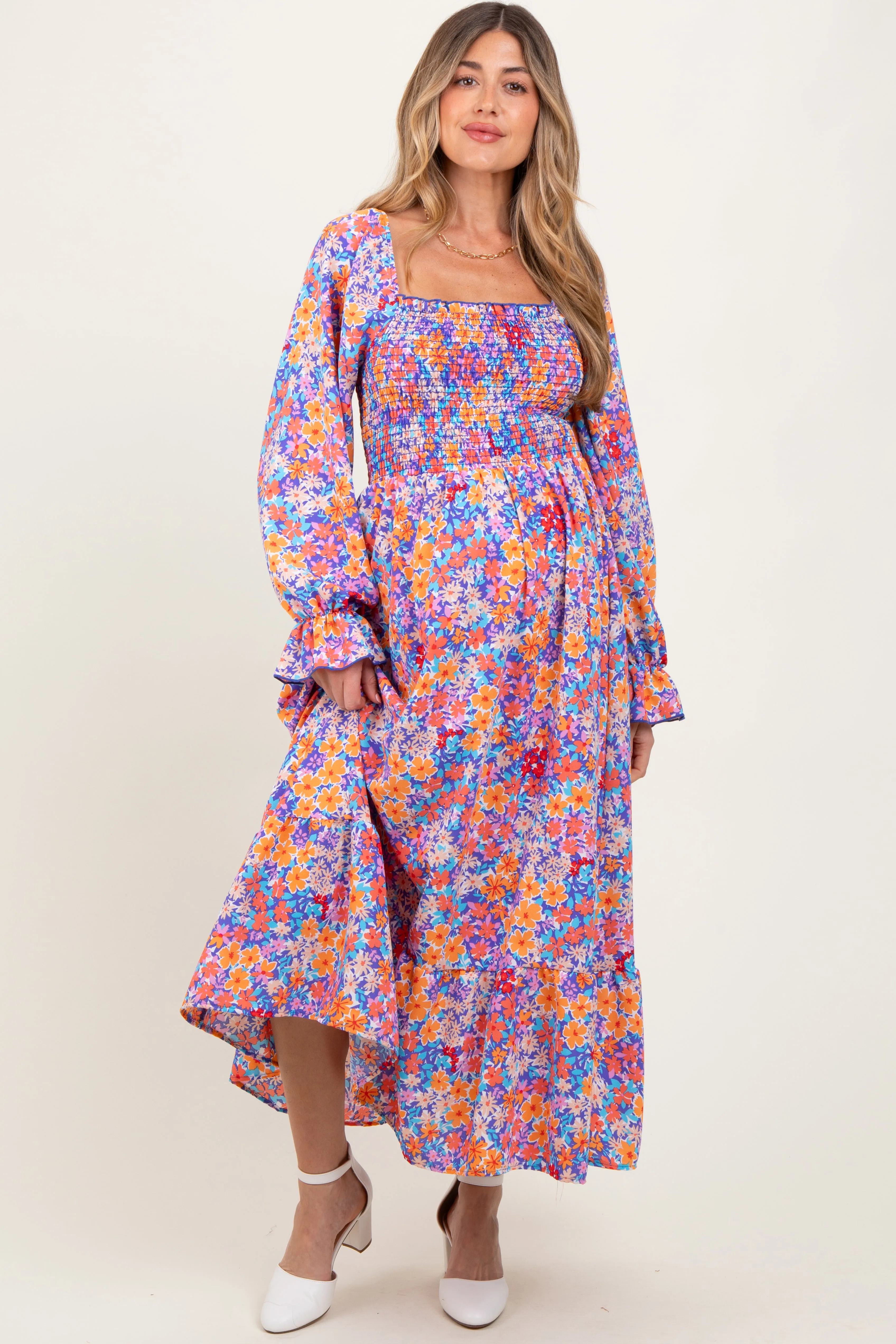 Lavender/Coral Smocking Fit And Flare Maternity Maxi With Side Pockets sold by Pinkblush