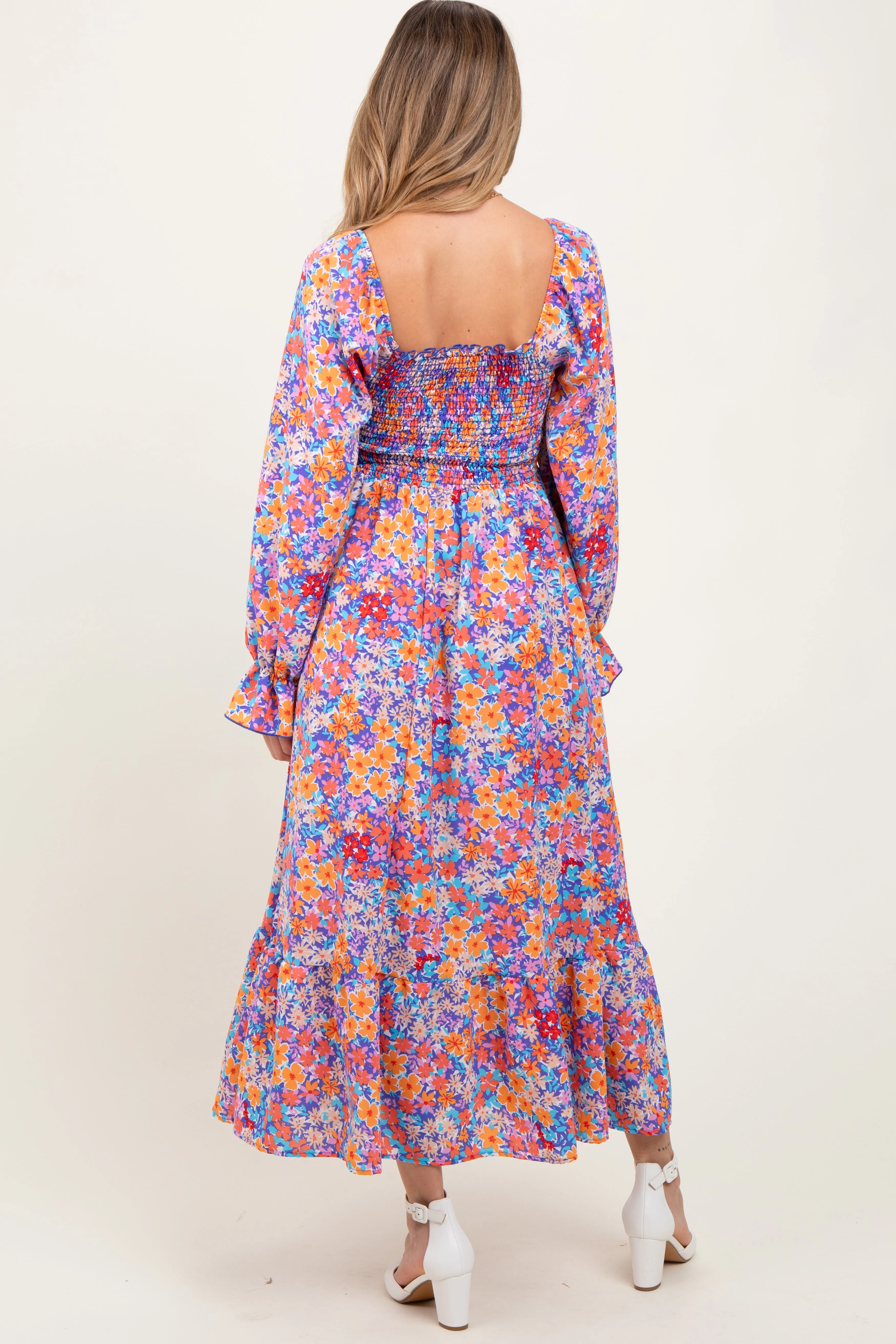Lavender/Coral Smocking Fit And Flare Maternity Maxi With Side Pockets sold by Pinkblush product image thumbnail 3
