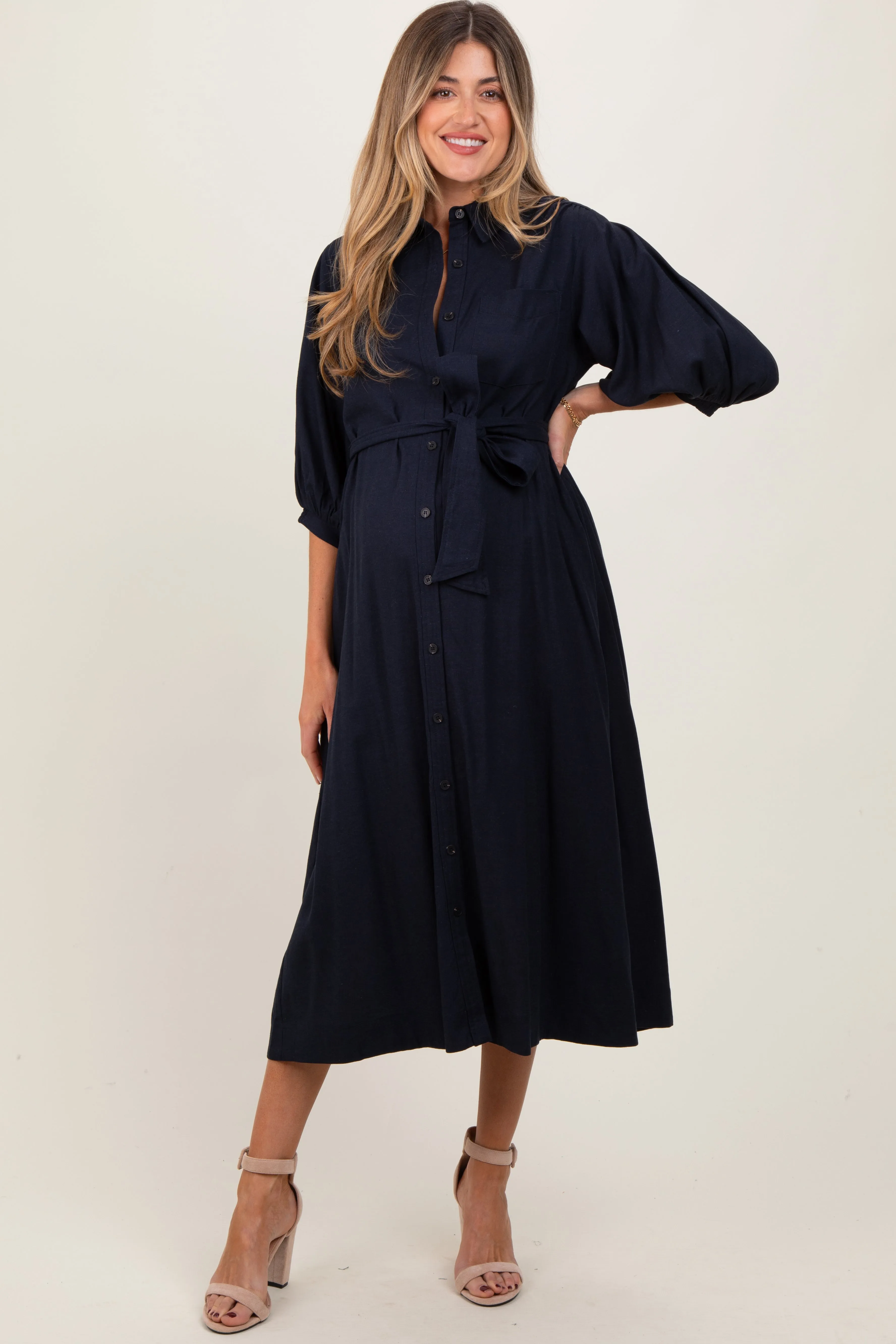 Navy 3/4 Bubble Sleeve Maternity Midi Shirt Dress sold by Pinkblush product image thumbnail 2