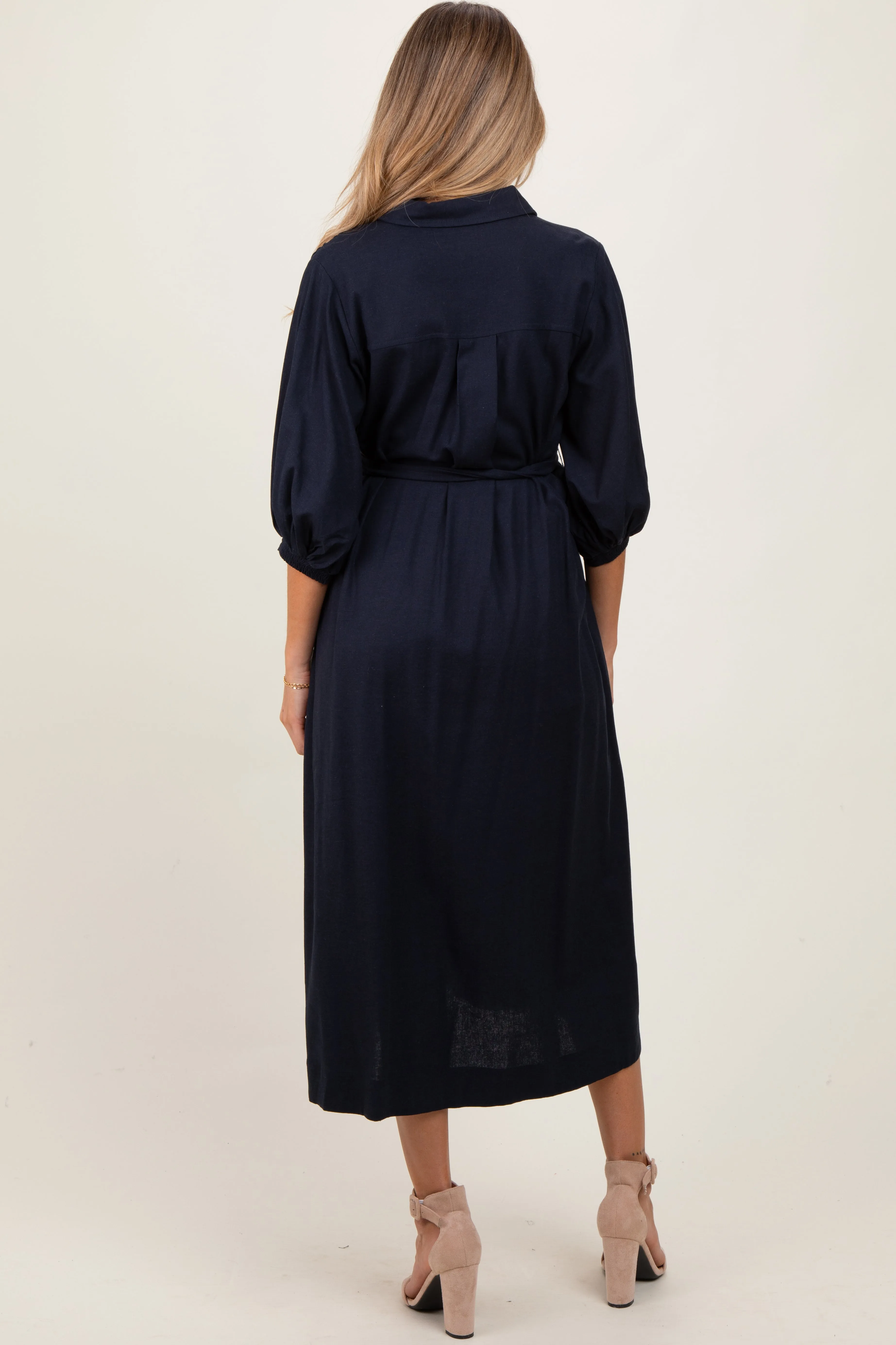 Navy 3/4 Bubble Sleeve Maternity Midi Shirt Dress sold by Pinkblush product image thumbnail 3