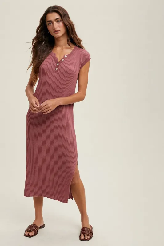 Mauve Ribbed Knit Button Up Sleeveless Midi Dress sold by Pinkblush