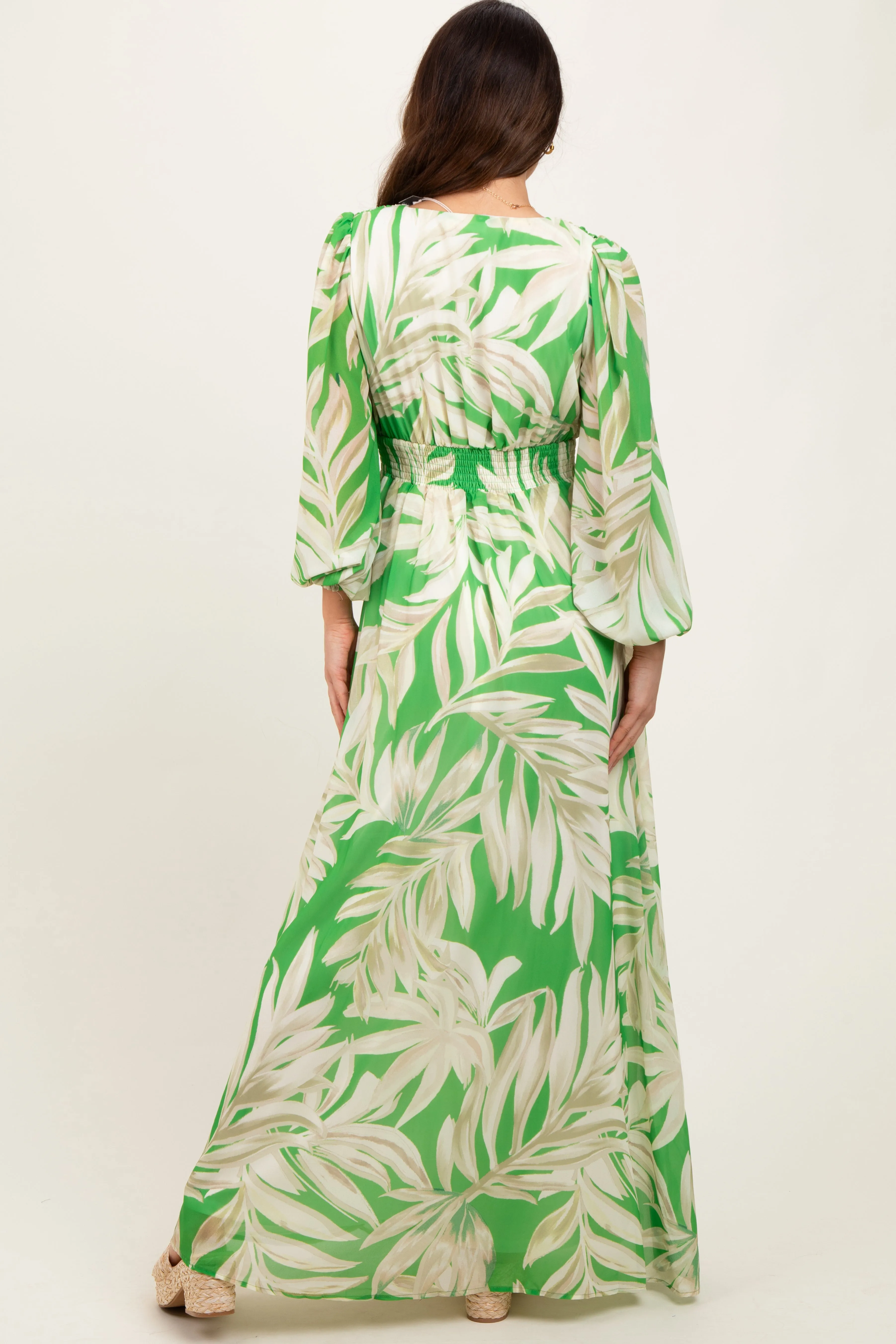 Lime Leaf Print Smocked Waist Long Sleeve Maxi Dress sold by Pinkblush product image thumbnail 3