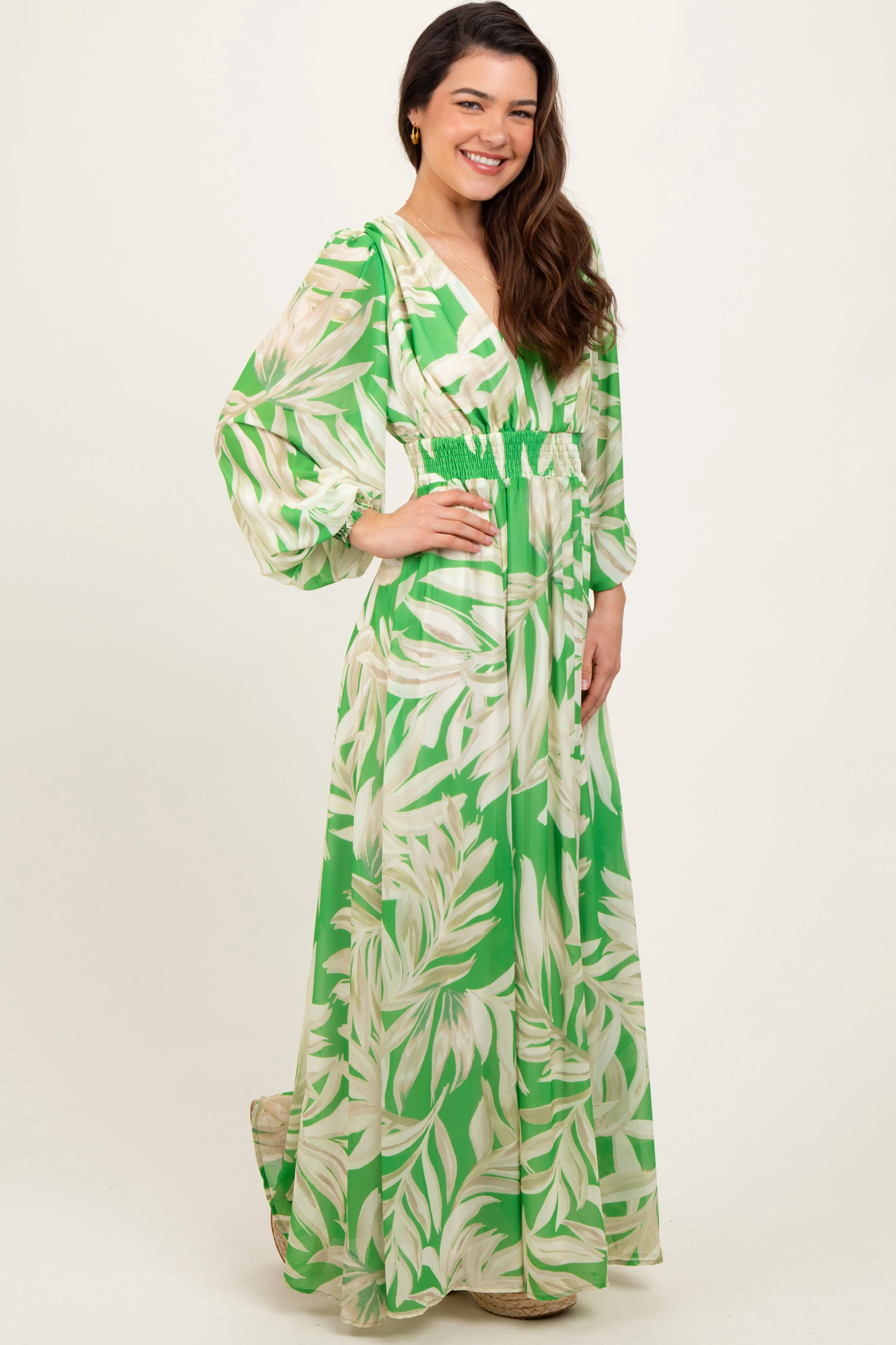 Lime Leaf Print Smocked Waist Long Sleeve Maxi Dress sold by Pinkblush product image thumbnail 2