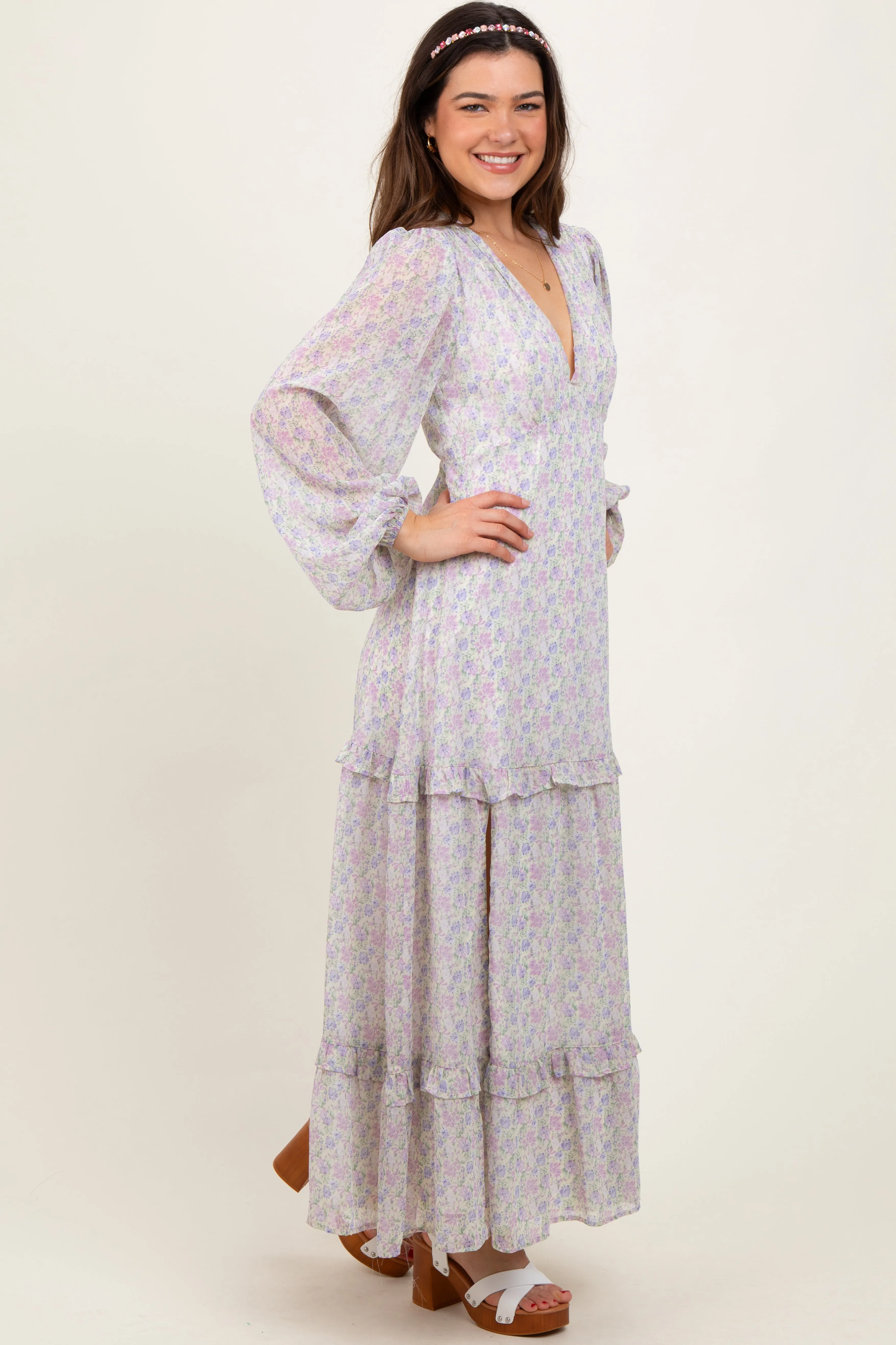 Ivory Floral Chiffon V-Neck Ruffle Tiered Maxi Dress sold by Pinkblush product image thumbnail 2