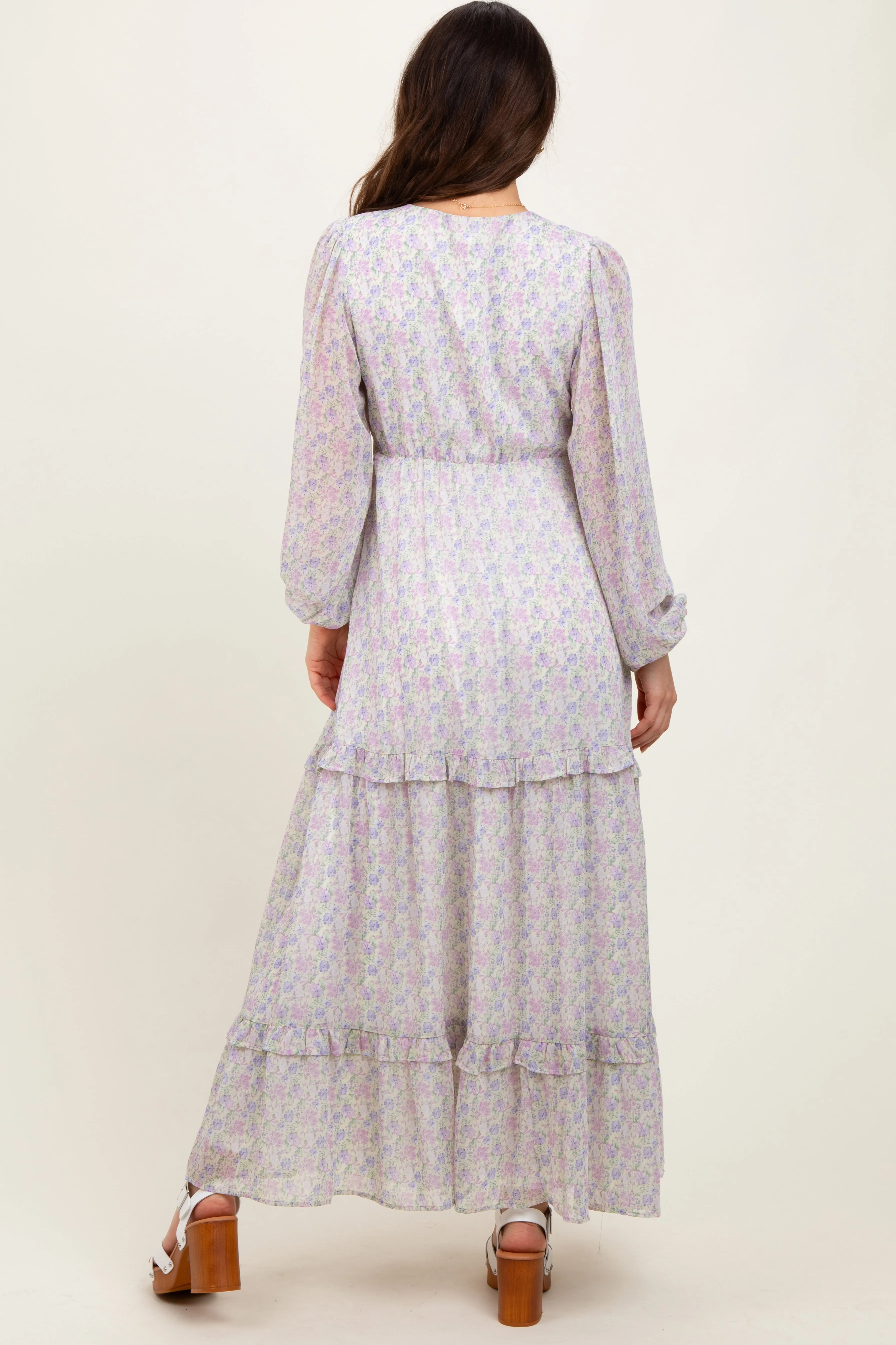 Ivory Floral Chiffon V-Neck Ruffle Tiered Maxi Dress sold by Pinkblush product image thumbnail 3