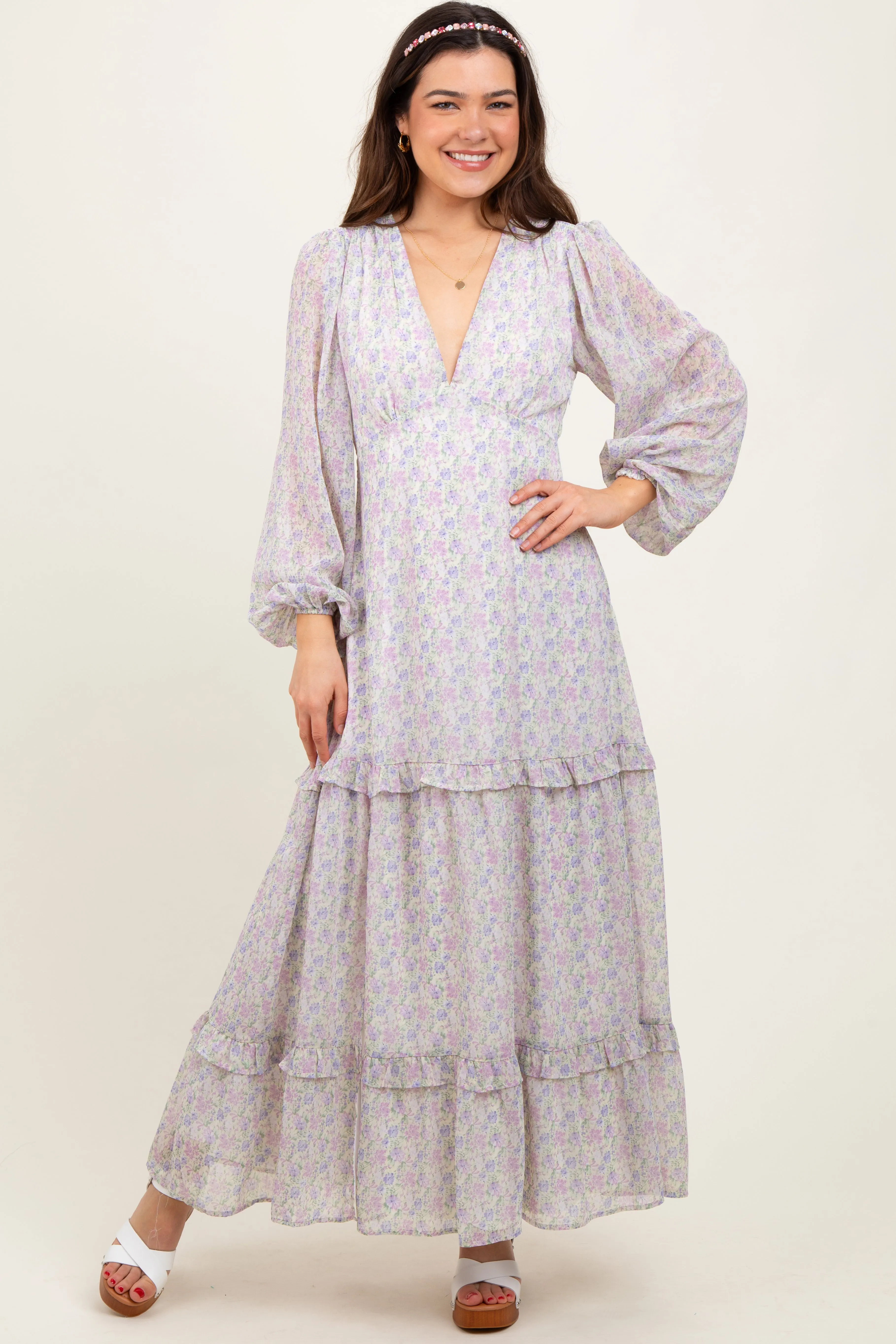 Ivory Floral Chiffon V-Neck Ruffle Tiered Maxi Dress sold by Pinkblush