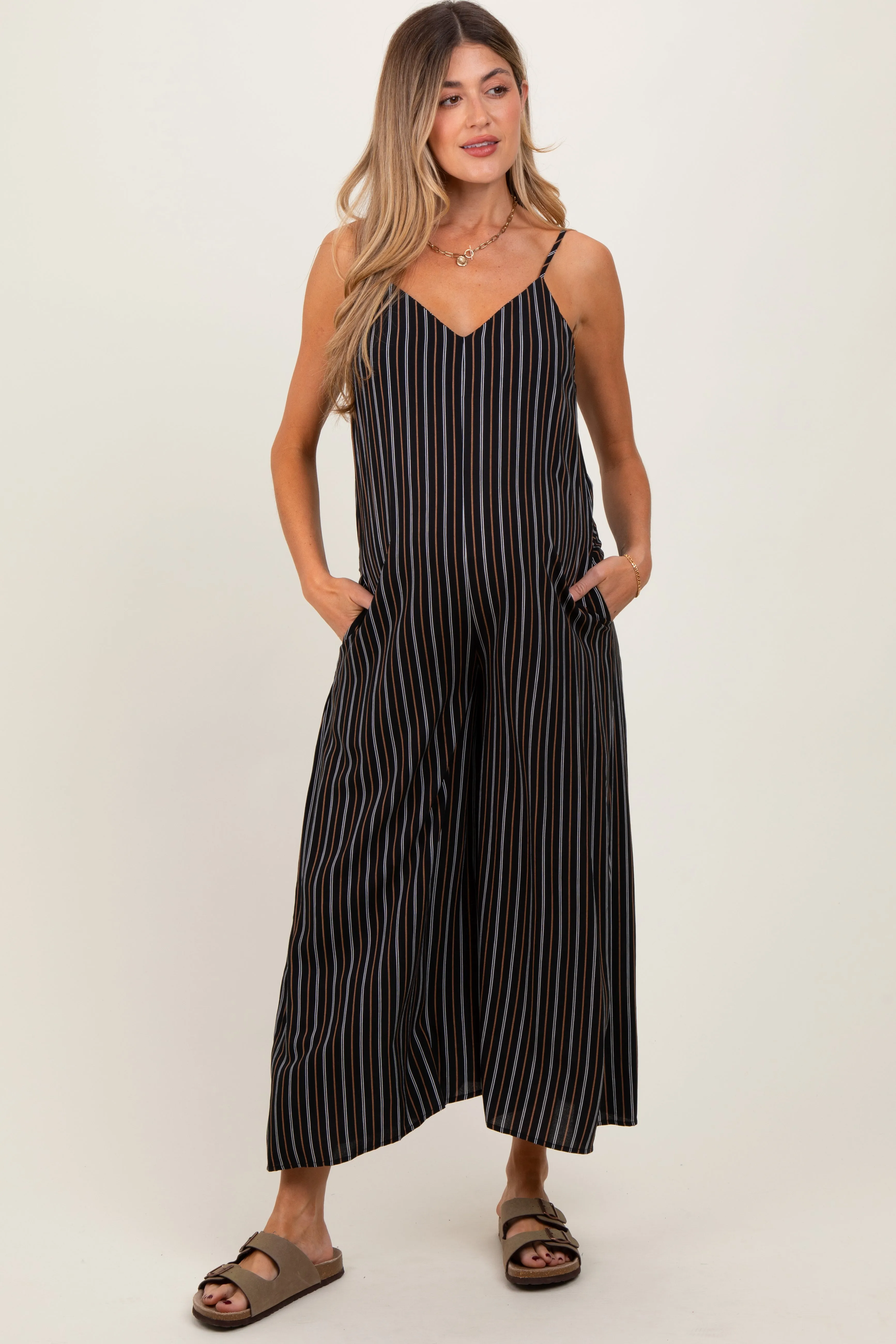 Black Striped Wide Leg Sleeveless Maternity Jumpsuit sold by Pinkblush product image thumbnail 2