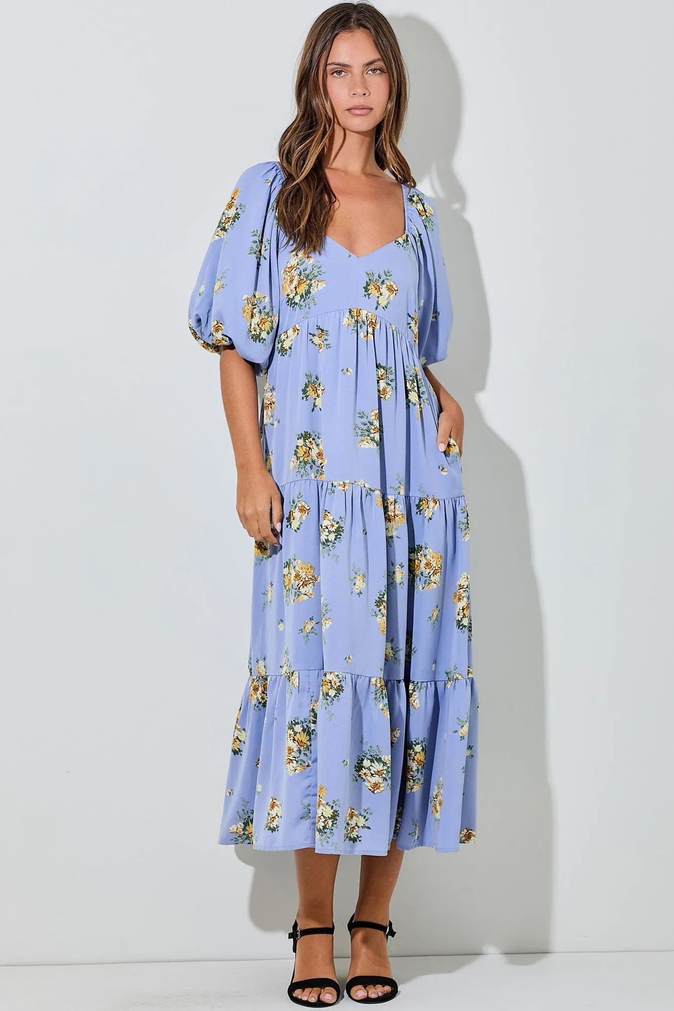 Light Blue Floral Puff Sleeve Maternity Tiered Maxi Dress sold by Pinkblush product image thumbnail 4