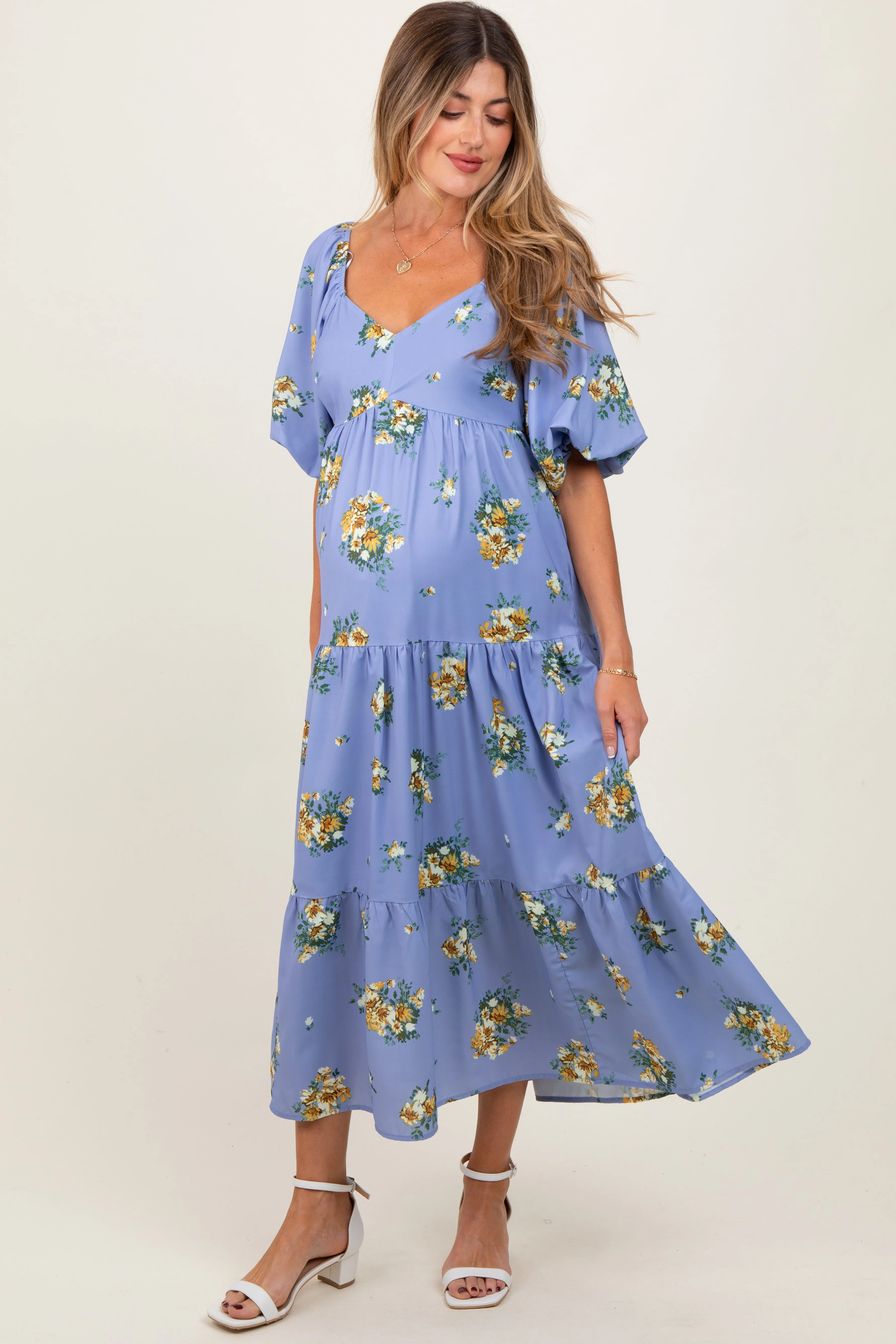 Light Blue Floral Puff Sleeve Maternity Tiered Maxi Dress sold by Pinkblush