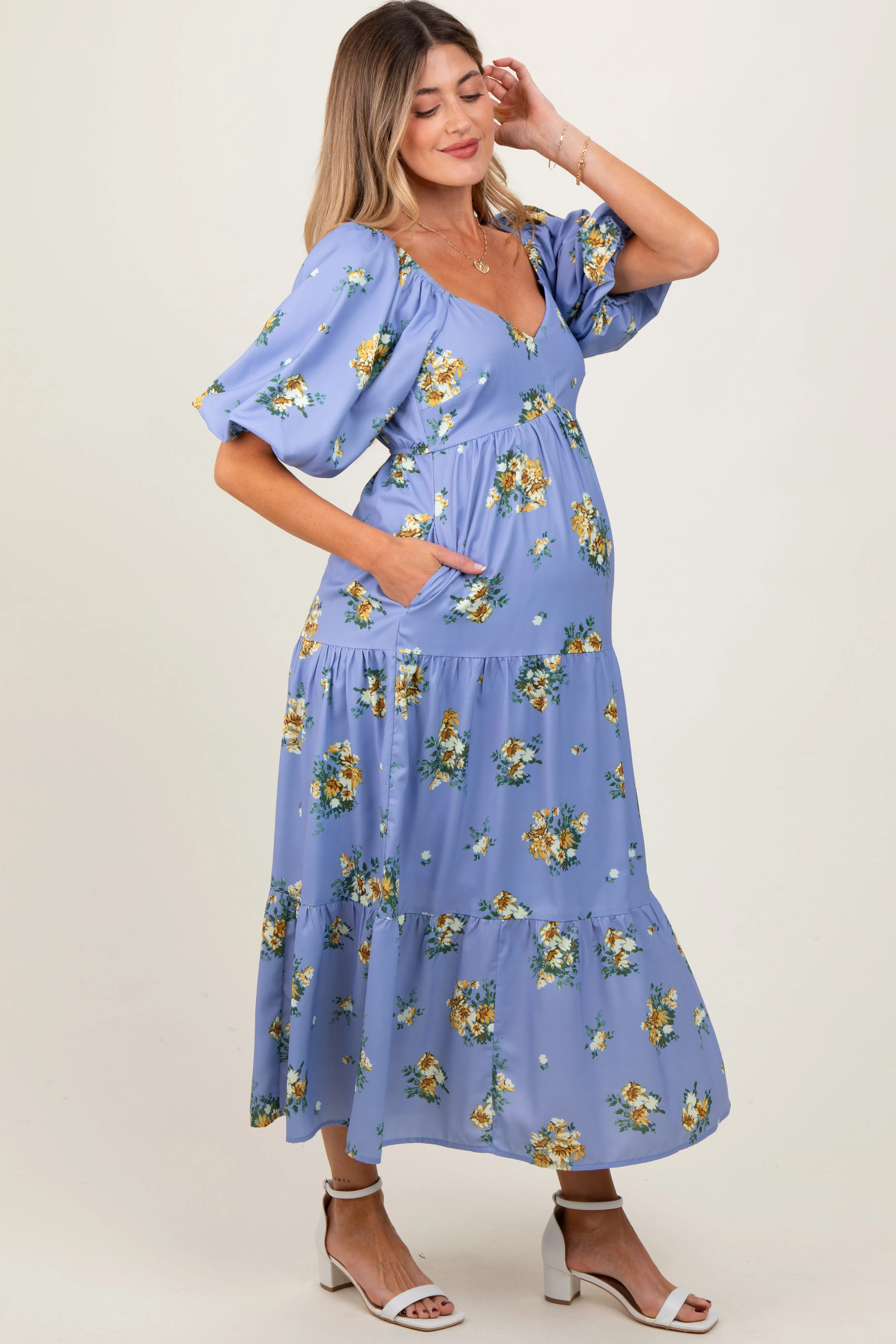 Light Blue Floral Puff Sleeve Maternity Tiered Maxi Dress sold by Pinkblush product image thumbnail 2