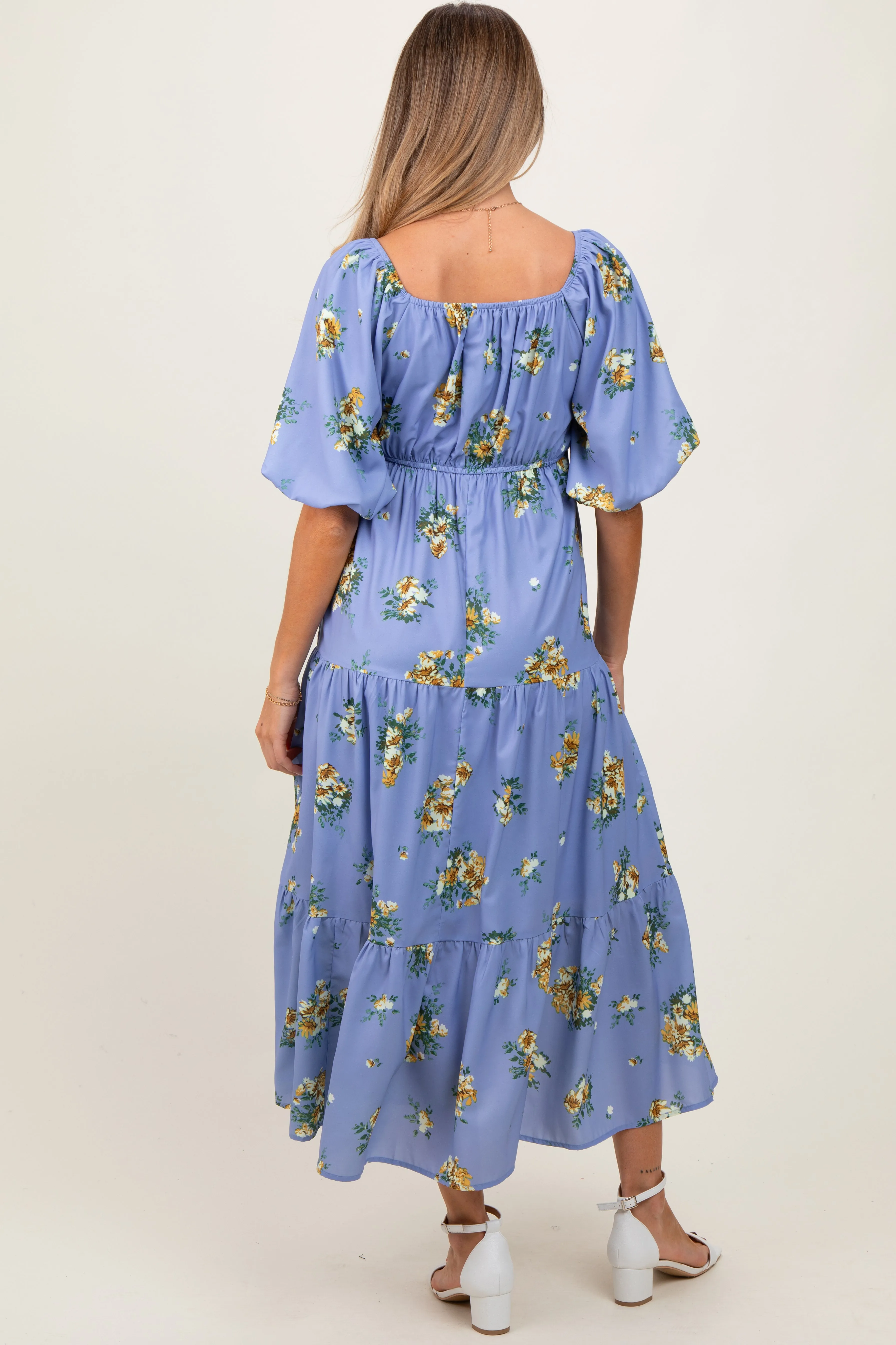Light Blue Floral Puff Sleeve Maternity Tiered Maxi Dress sold by Pinkblush product image thumbnail 3