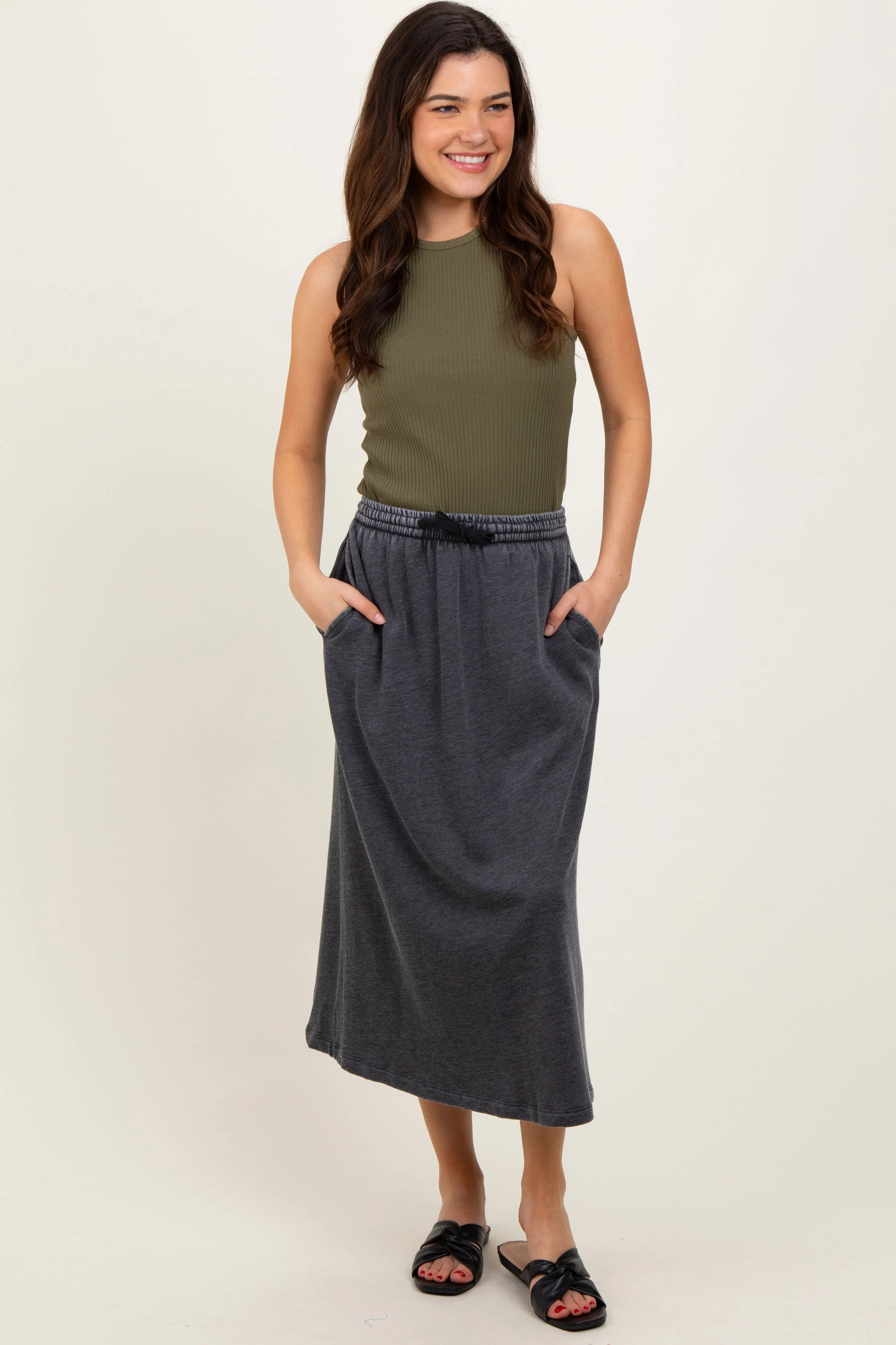 Charcoal Terry Drawstring Midi Skirt sold by Pinkblush product image thumbnail 2