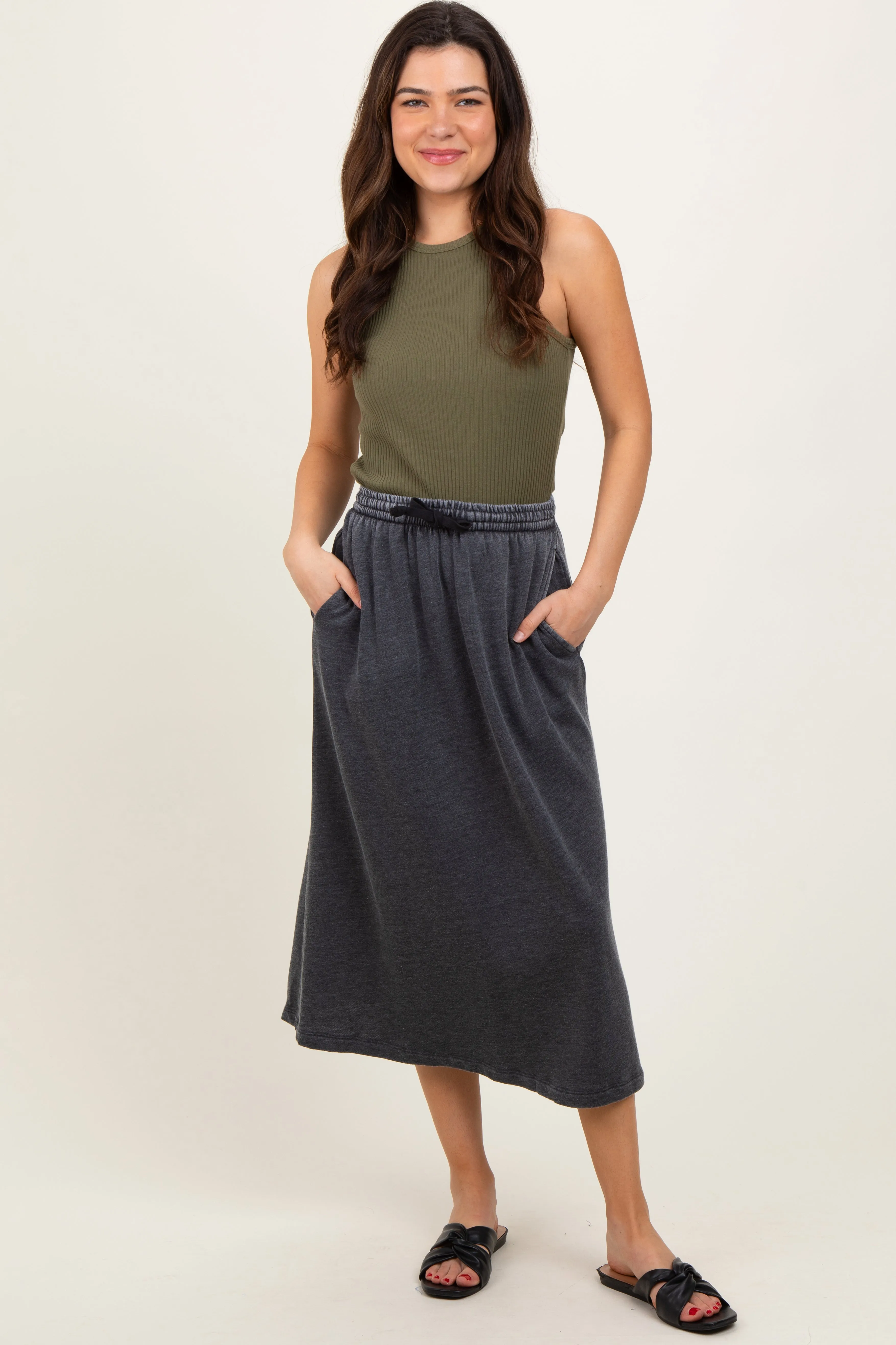 Charcoal Terry Drawstring Midi Skirt sold by Pinkblush