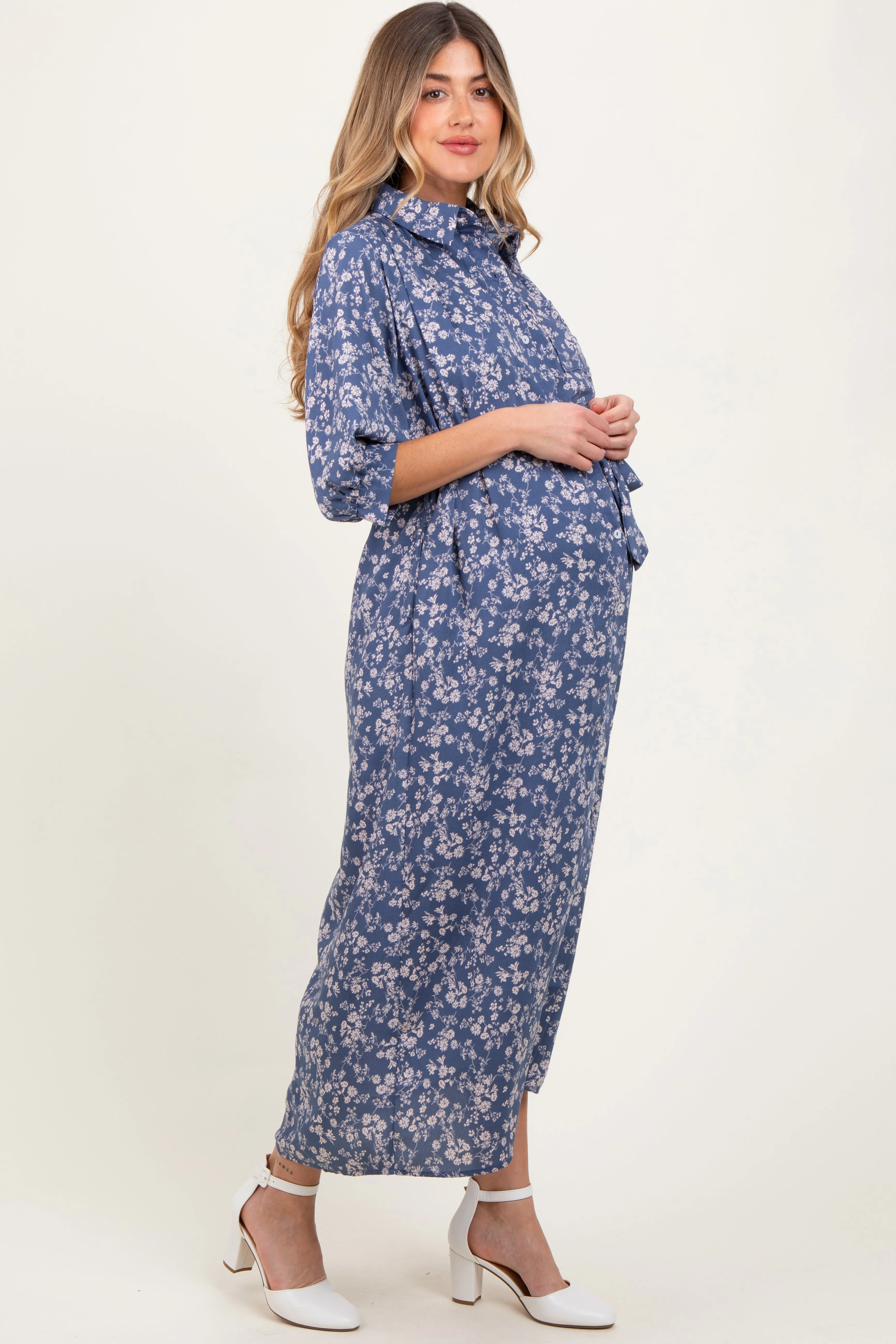 Blue Floral Button Down 3/4 Sleeve Maternity Maxi Dress sold by Pinkblush product image thumbnail 3