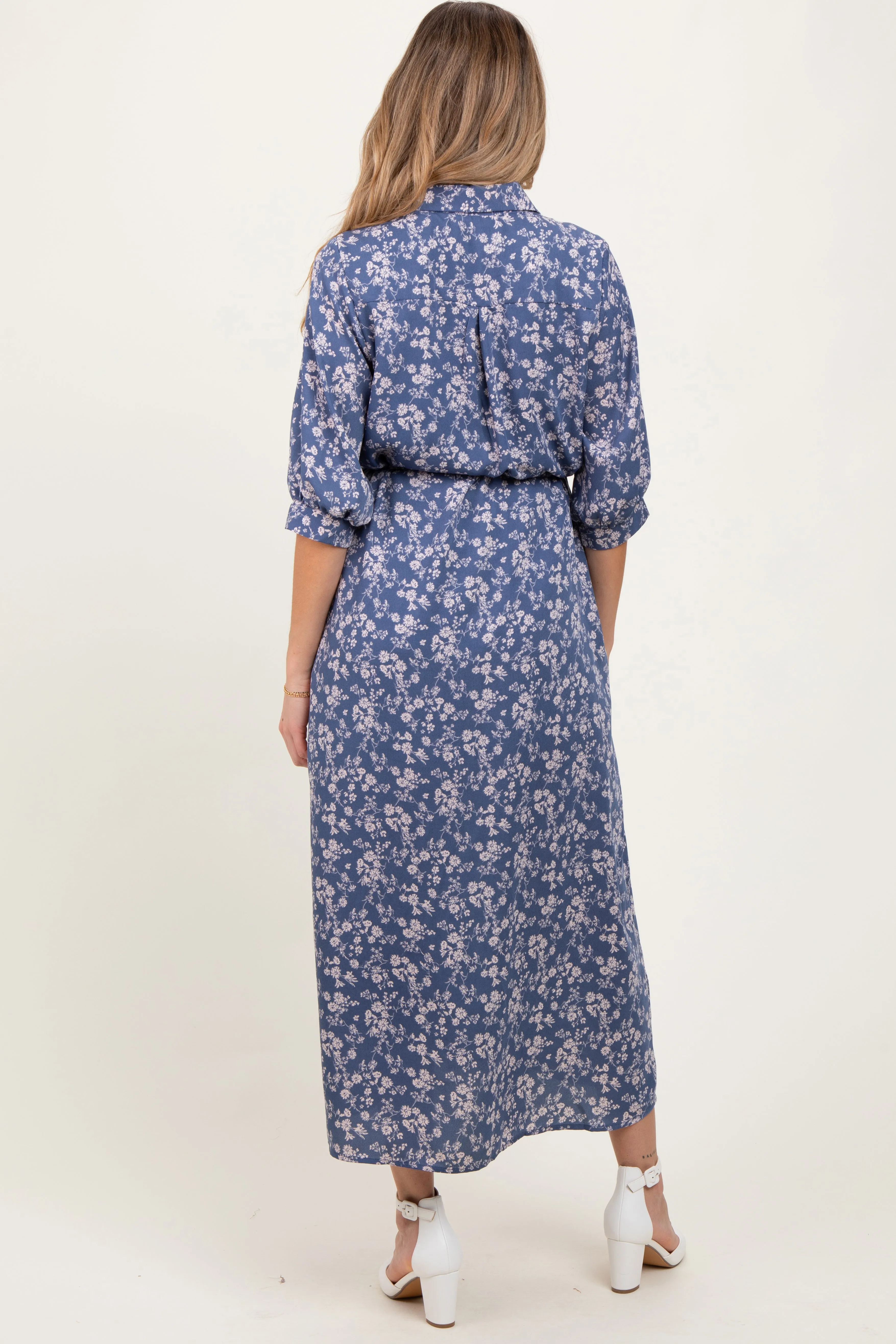 Blue Floral Button Down 3/4 Sleeve Maternity Maxi Dress sold by Pinkblush product image thumbnail 4