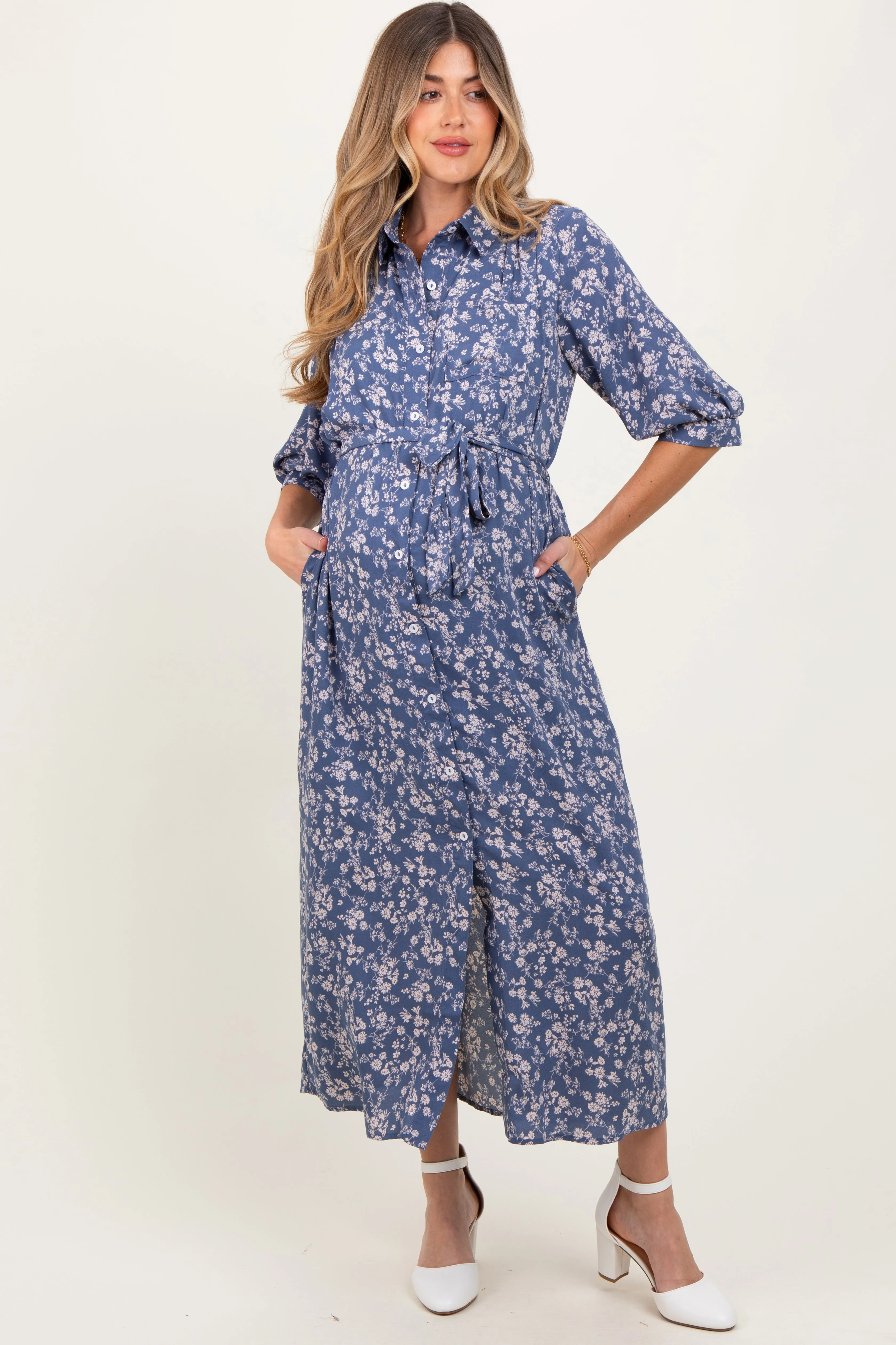 Blue Floral Button Down 3/4 Sleeve Maternity Maxi Dress sold by Pinkblush