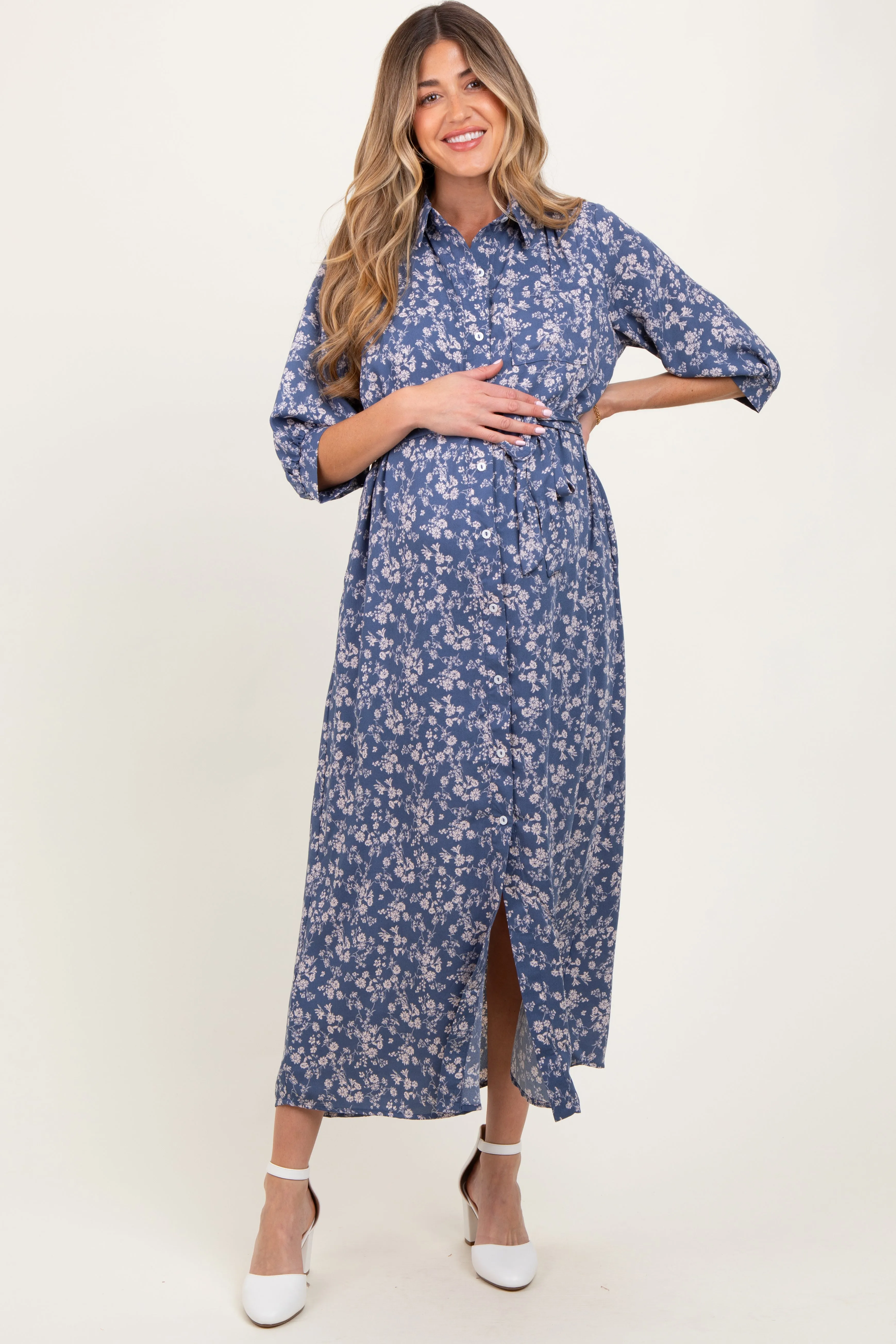 Blue Floral Button Down 3/4 Sleeve Maternity Maxi Dress sold by Pinkblush product image thumbnail 2