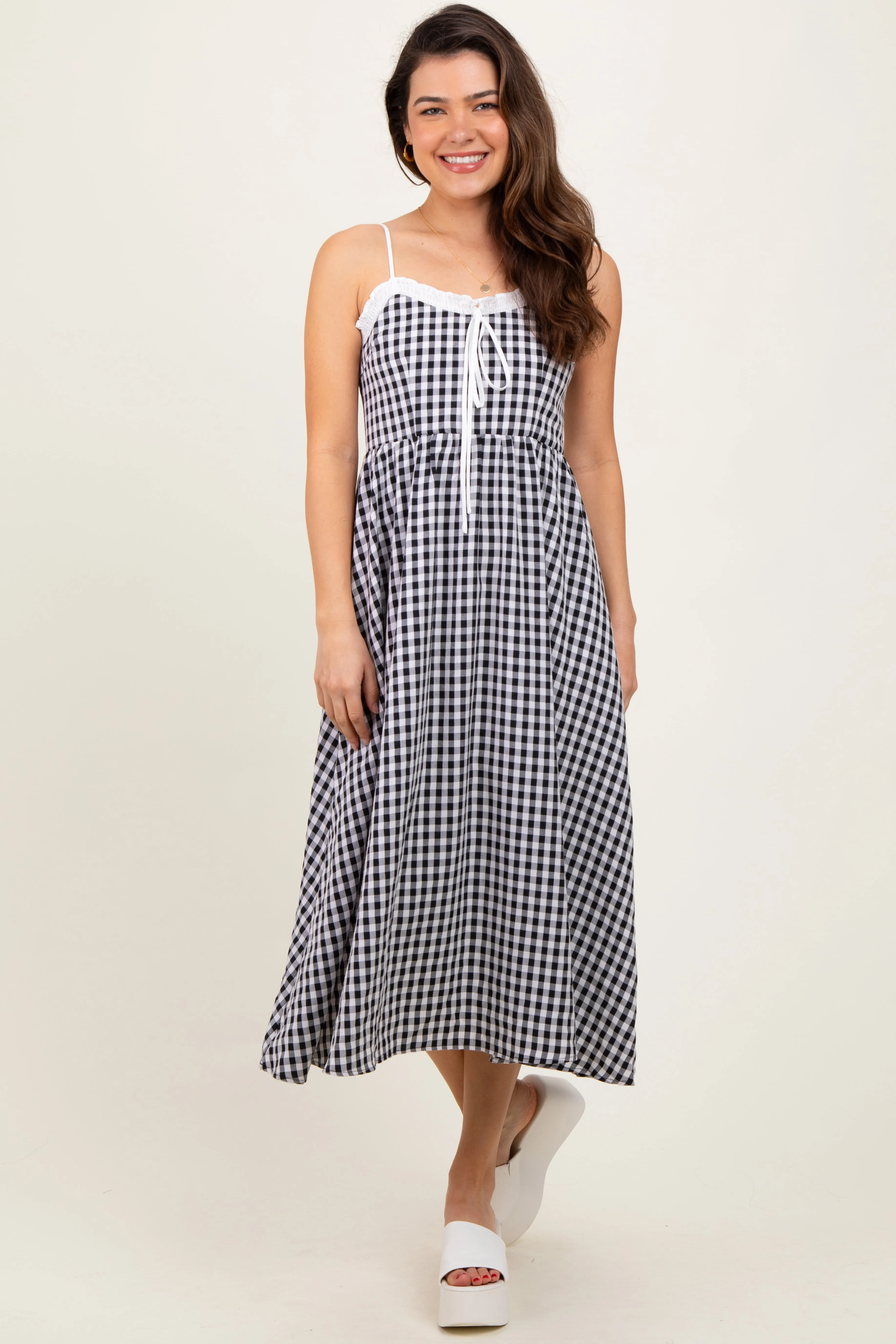Black Gingham Smocked Trim Midi Dress sold by Pinkblush