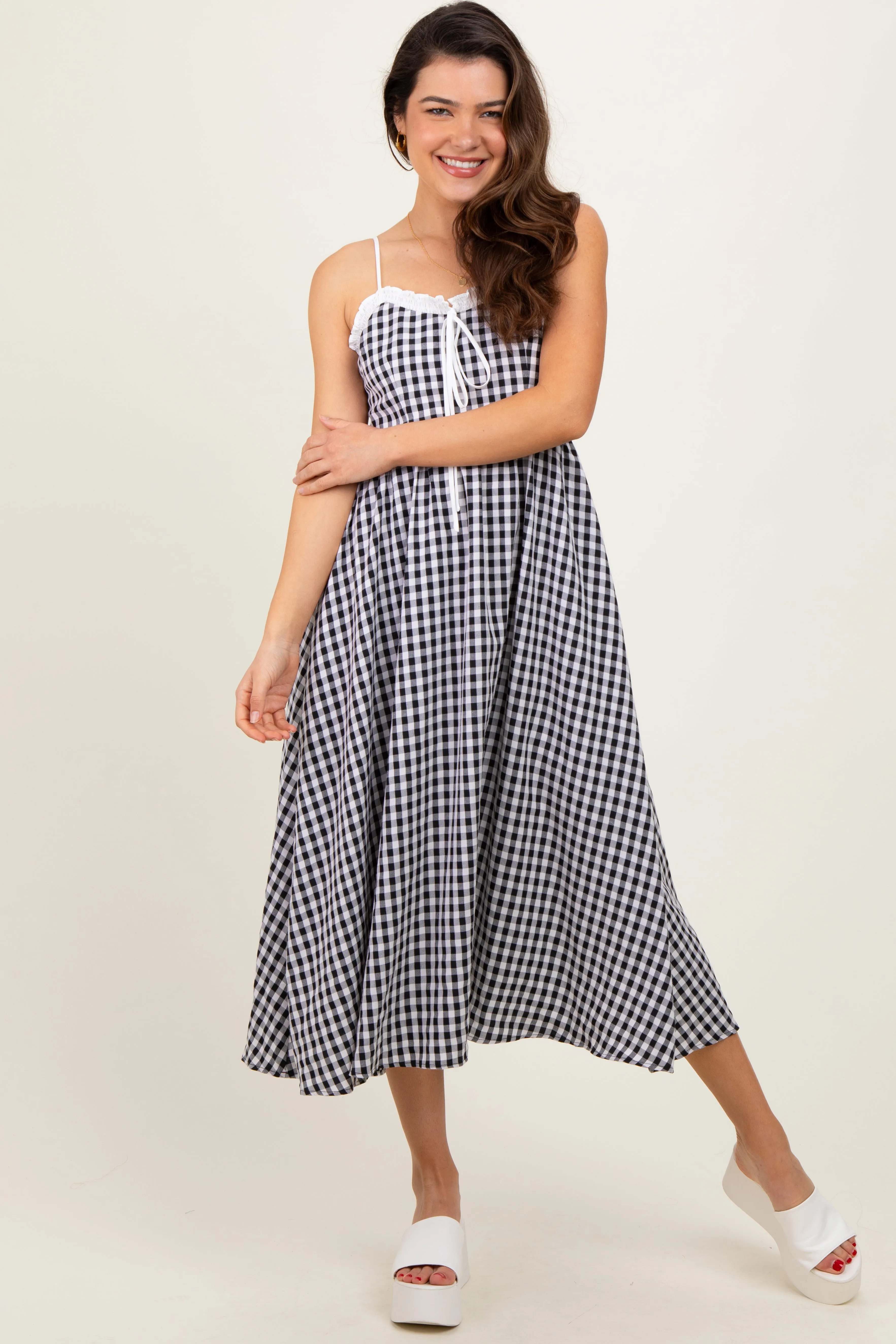 Black Gingham Smocked Trim Midi Dress sold by Pinkblush product image thumbnail 2
