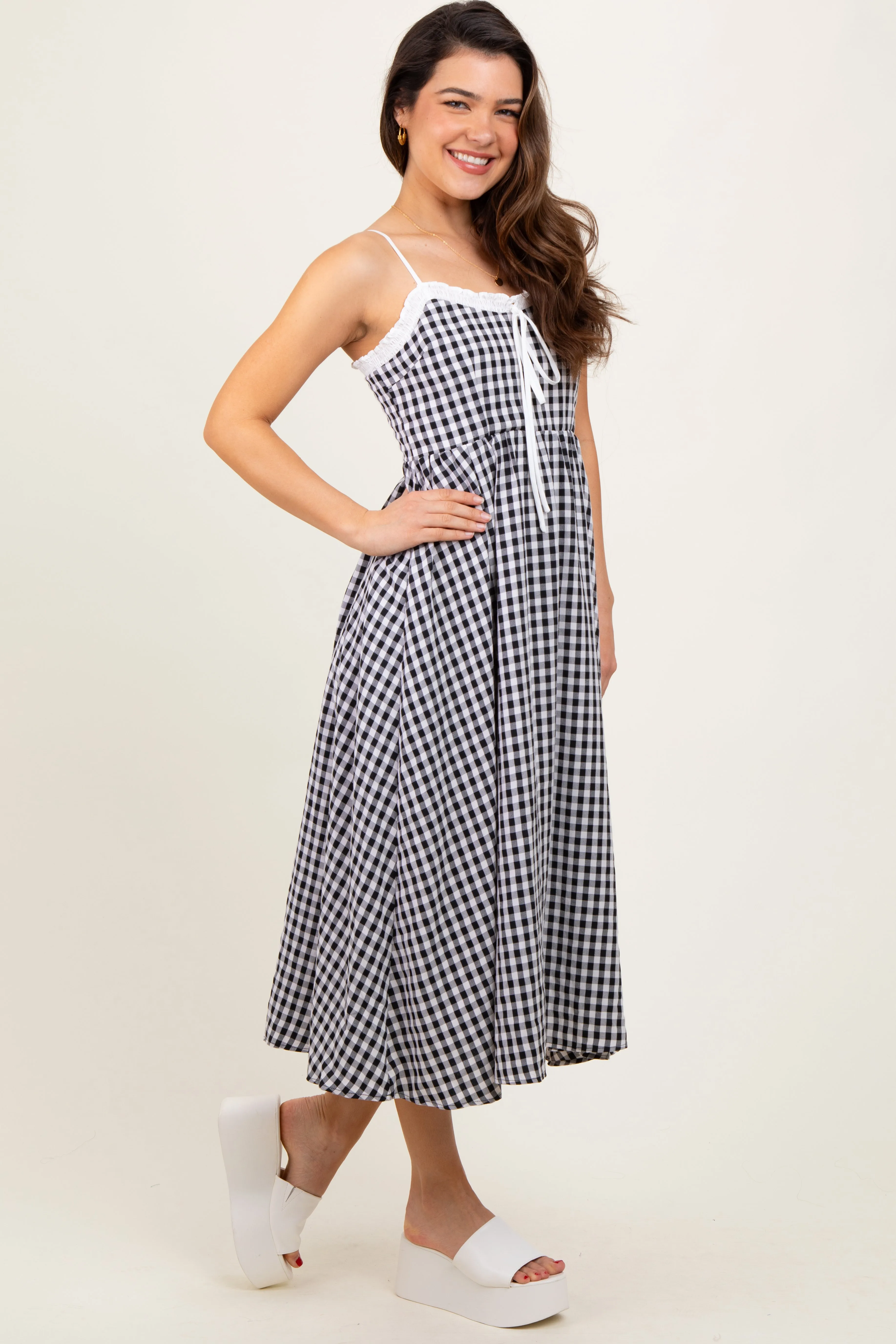Black Gingham Smocked Trim Midi Dress sold by Pinkblush product image thumbnail 3