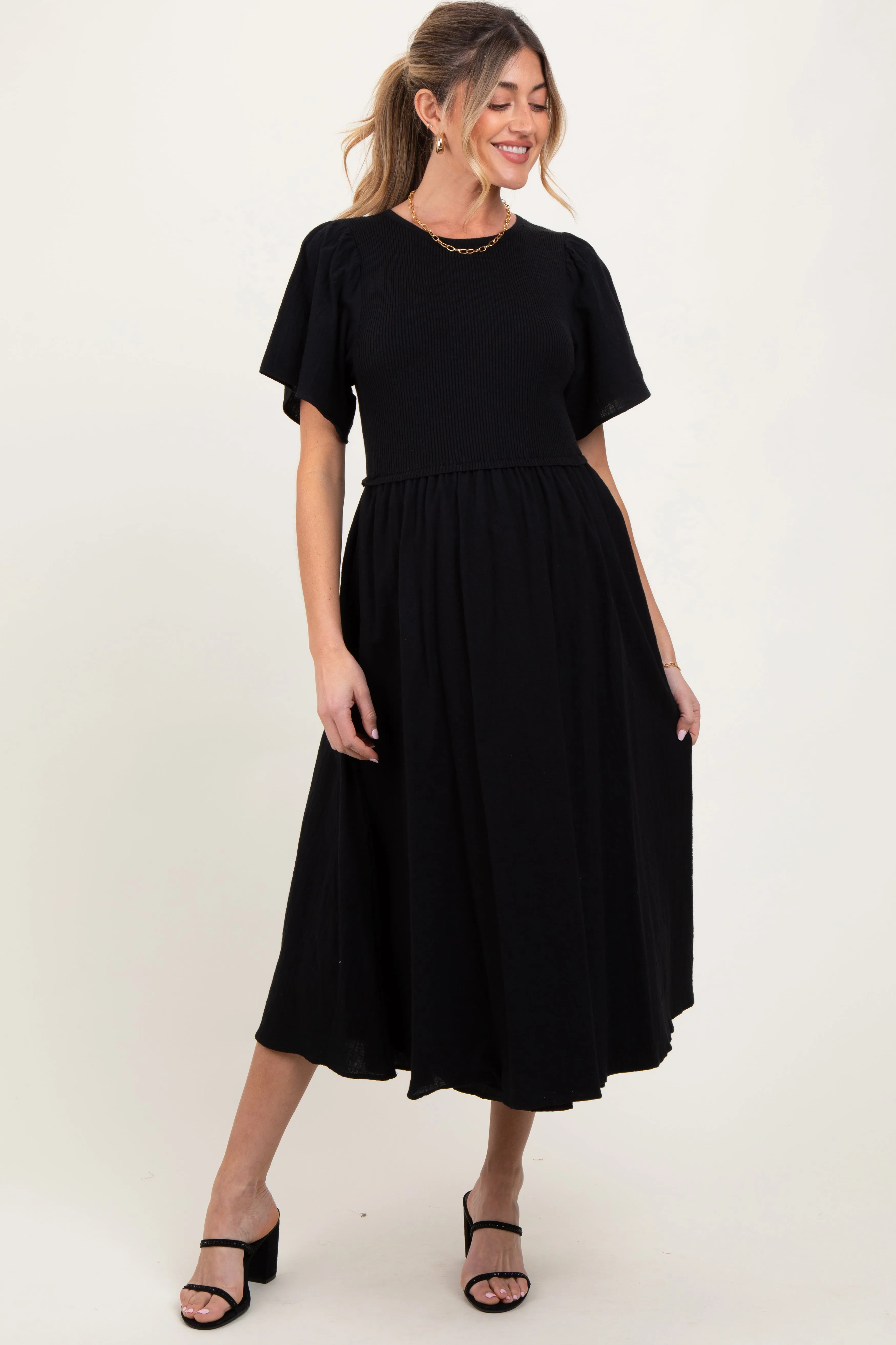 Black Ribbed Knit Contrast Top Maternity Midi Dress sold by Pinkblush