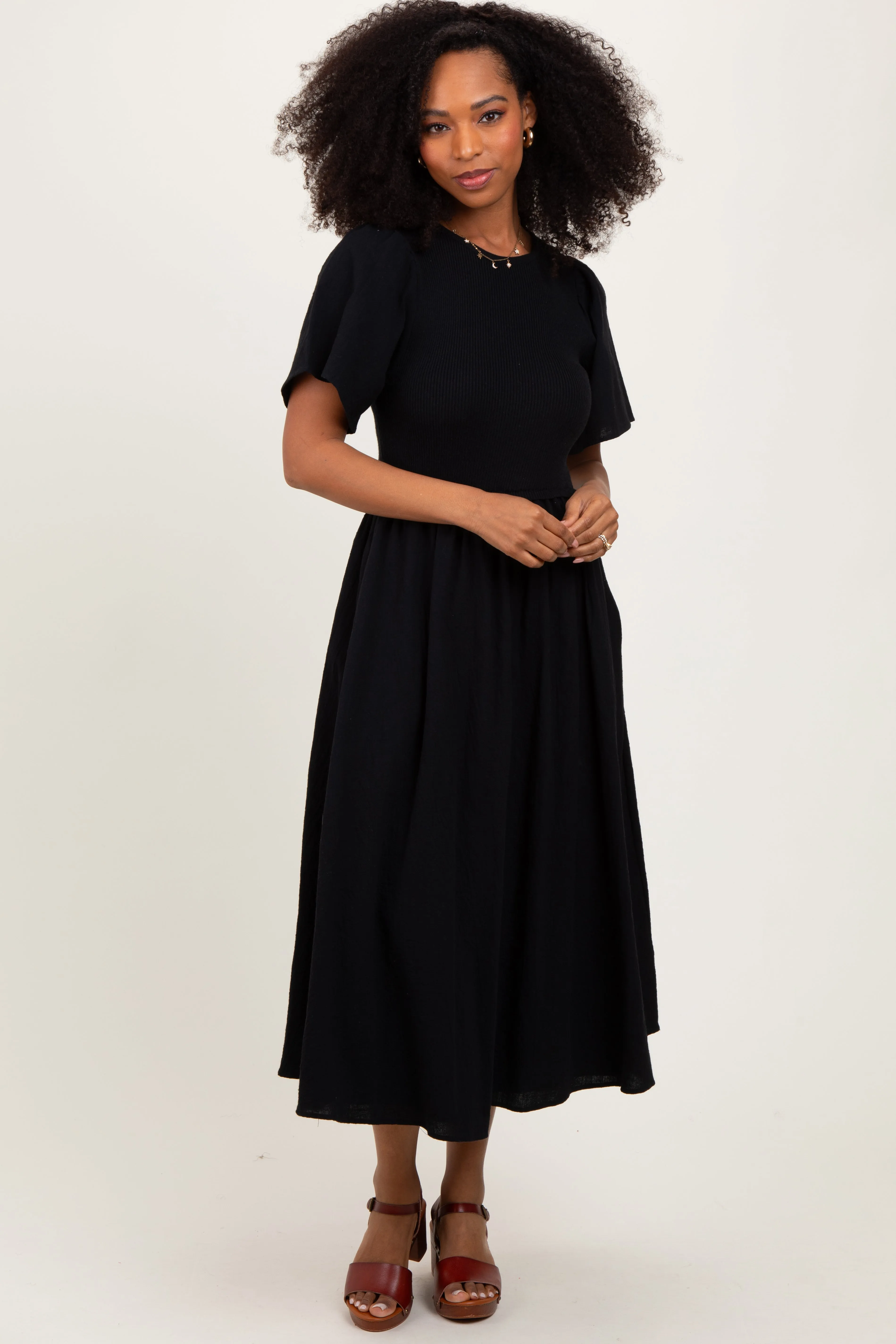 Black Ribbed Knit Contrast Top Maternity Midi Dress sold by Pinkblush product image thumbnail 3