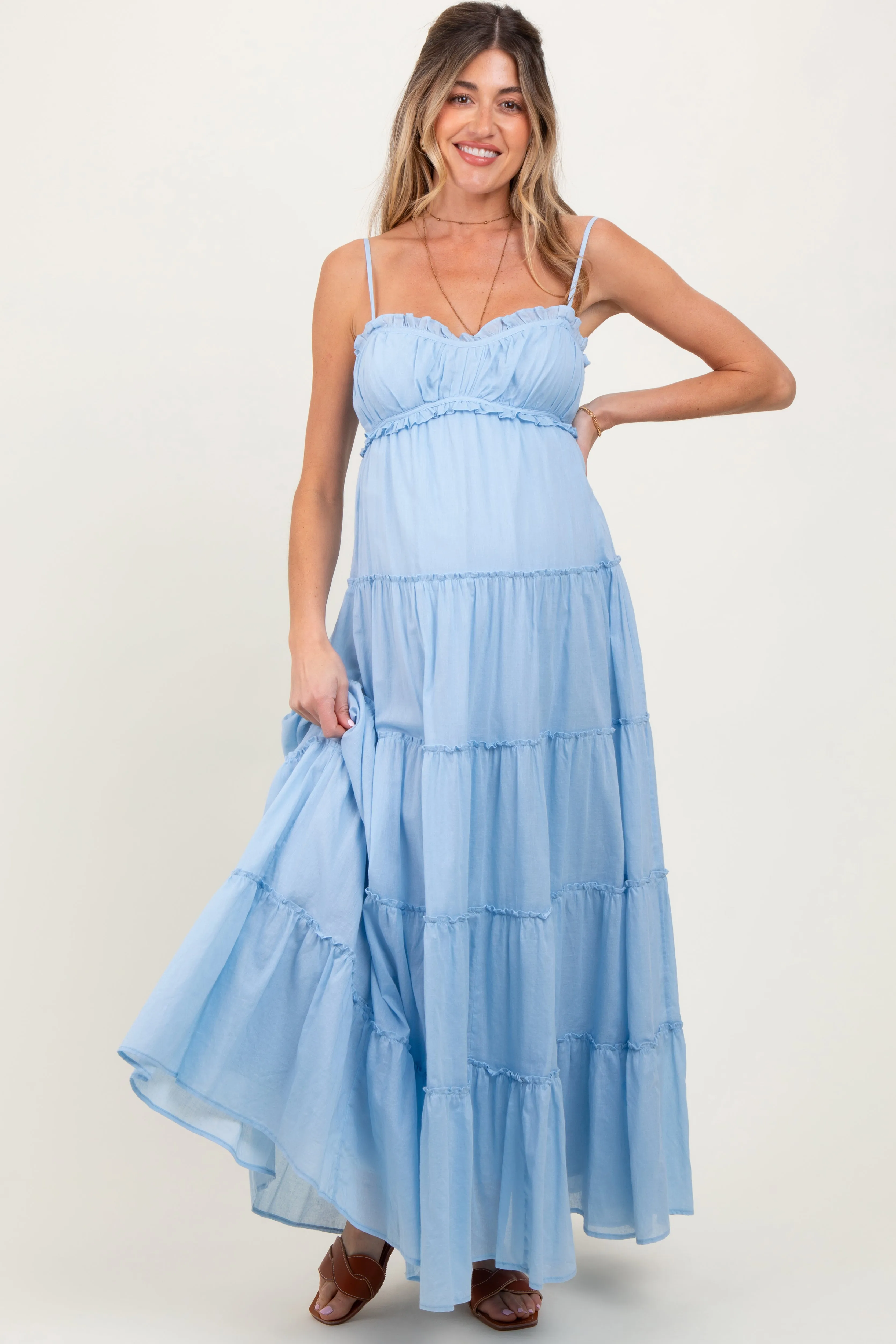 Light Blue Shirred Bust Ruffle Tiered Maternity Maxi Dress sold by Pinkblush