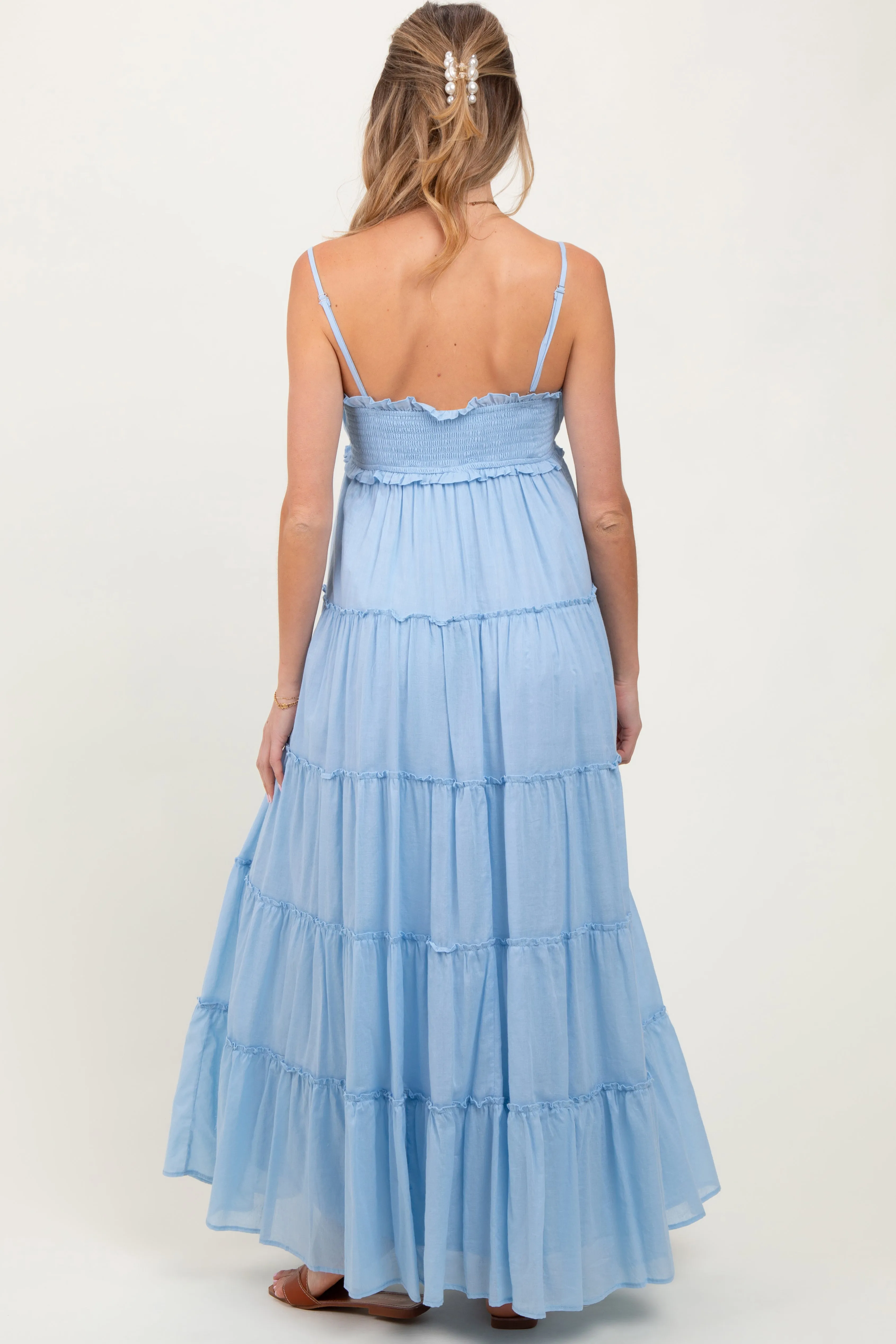 Light Blue Shirred Bust Ruffle Tiered Maternity Maxi Dress sold by Pinkblush product image thumbnail 3