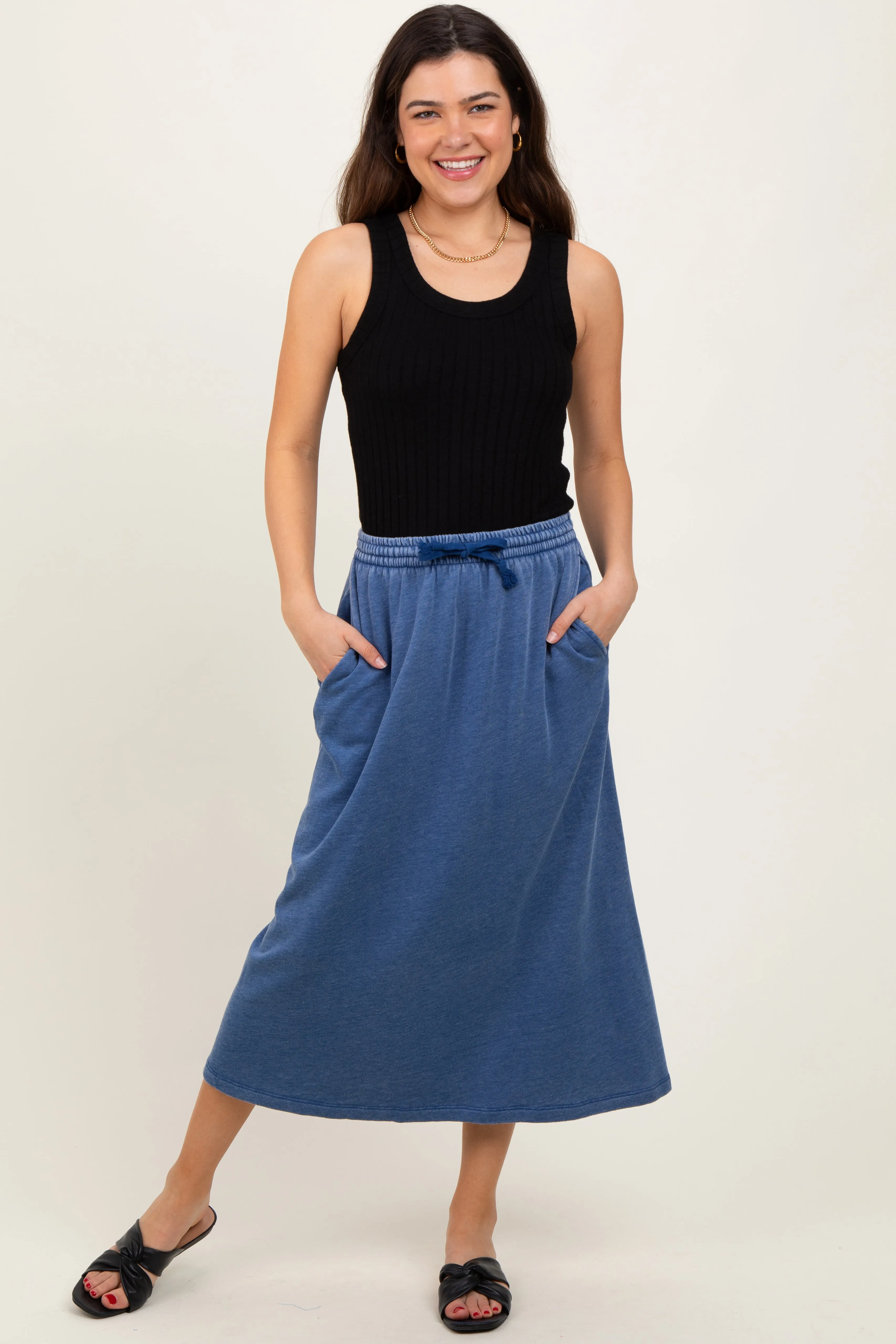 Light Navy Terry Drawstring Midi Skirt sold by Pinkblush