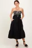 Black Lace Up Smocked Bodice Tiered Maternity Midi Dress sold by Pinkblush