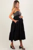 Black Lace Up Smocked Bodice Tiered Maternity Midi Dress sold by Pinkblush