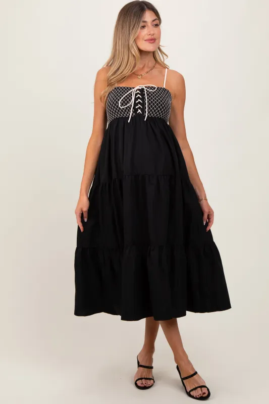 Black Lace Up Smocked Bodice Tiered Maternity Midi Dress sold by Pinkblush