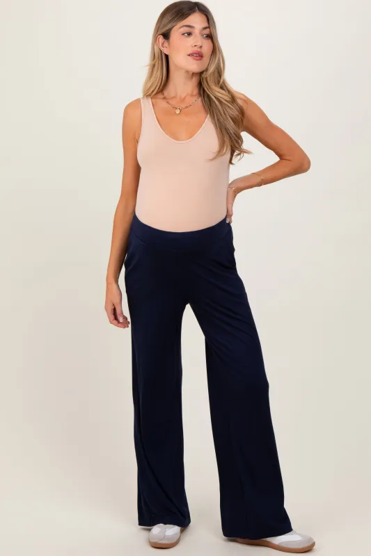 Navy Basic Wide Leg Pocketed Maternity Pants sold by Pinkblush