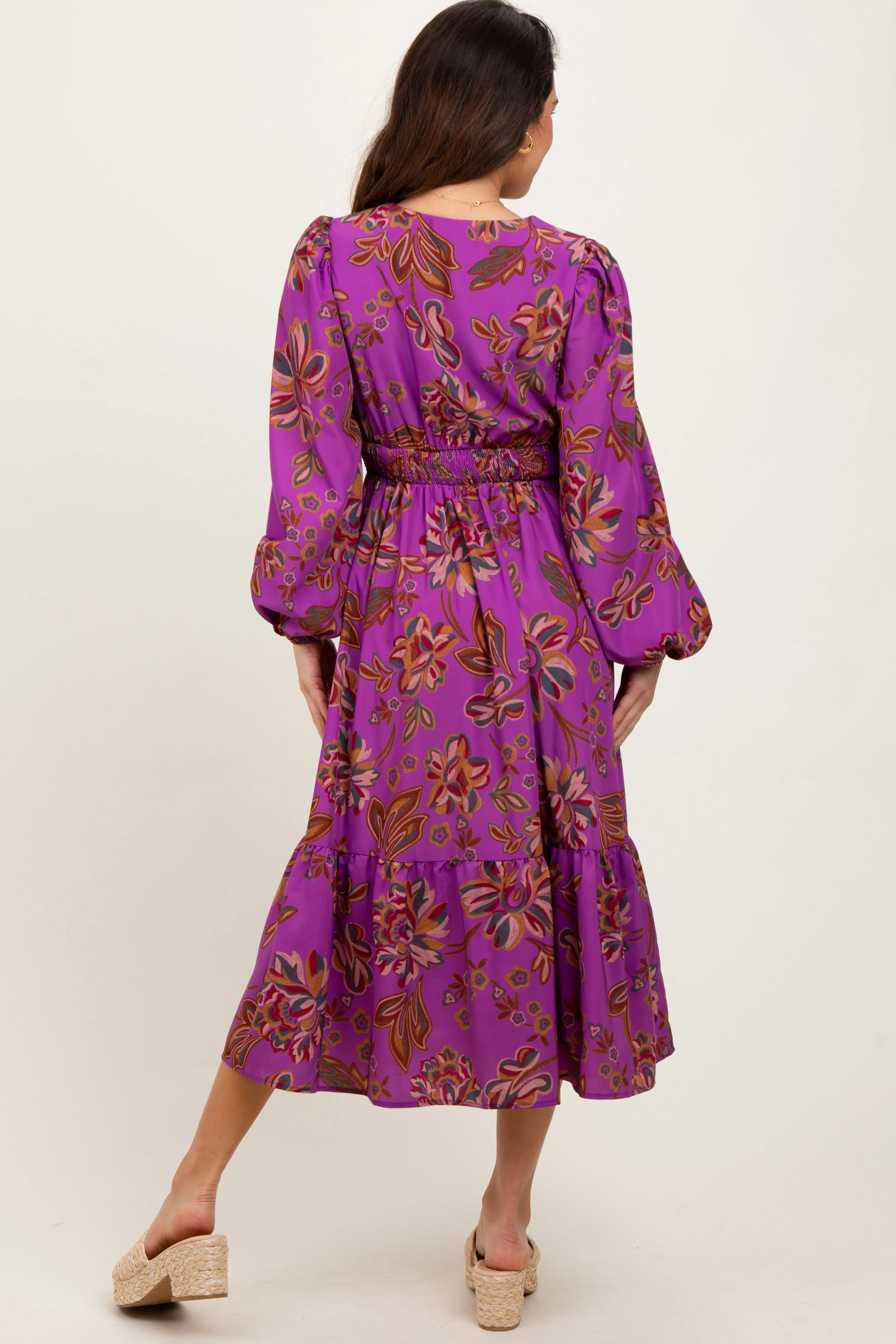 Plum Floral Smocked Waist Long Sleeve Midi Dress sold by Pinkblush product image thumbnail 2