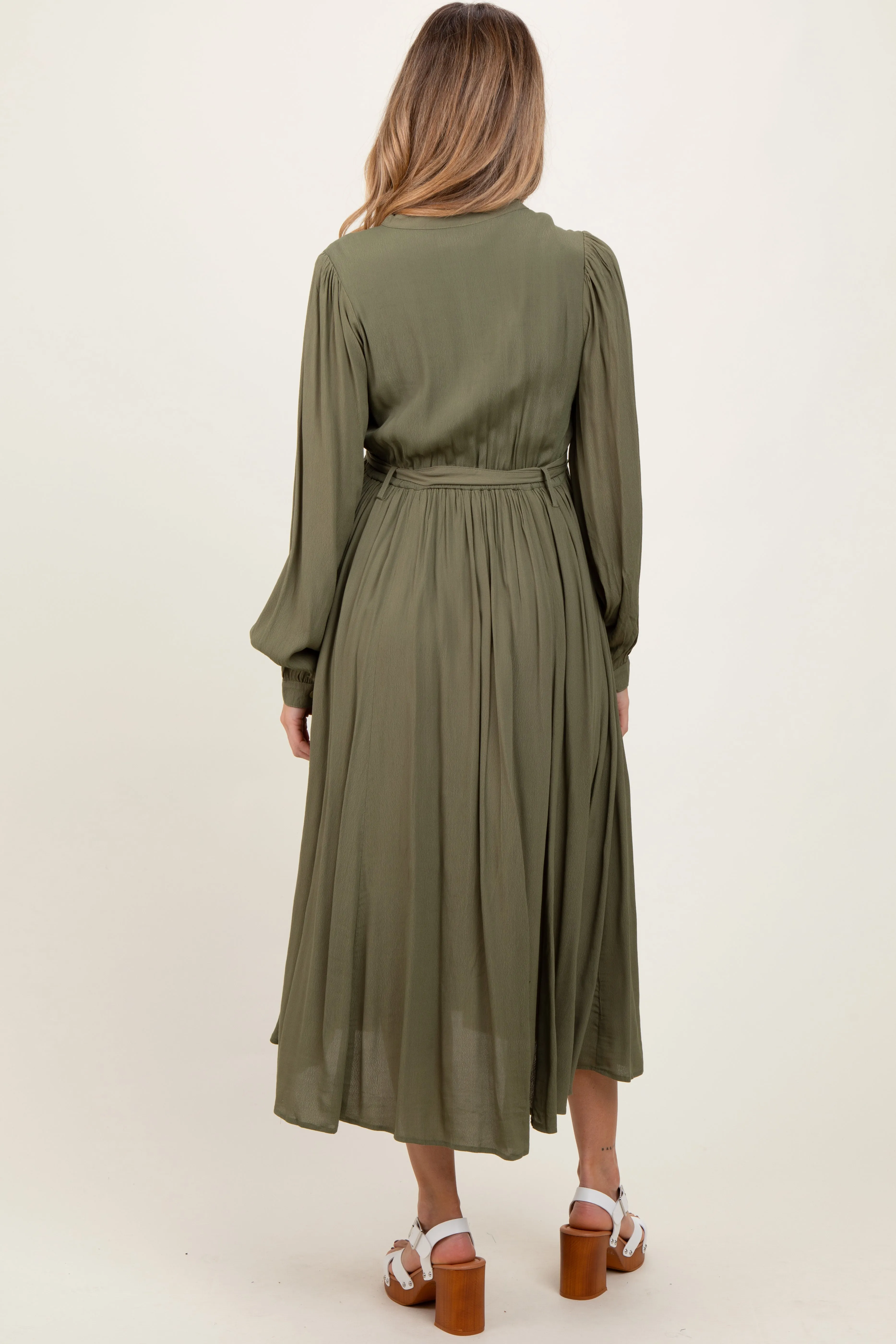 Olive Belted Long Sleeve Maternity Maxi Dress sold by Pinkblush product image thumbnail 4