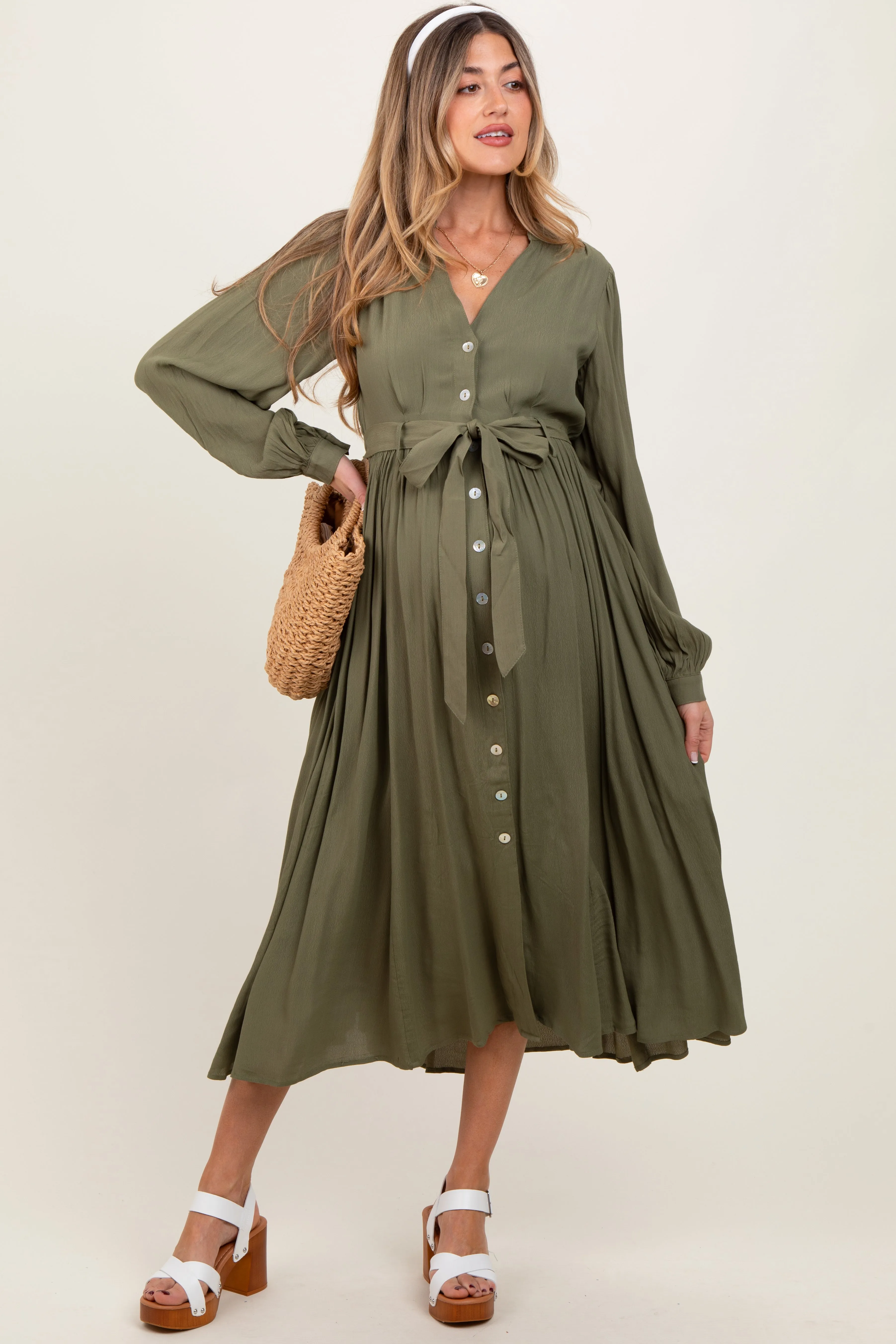Olive Belted Long Sleeve Maternity Maxi Dress sold by Pinkblush