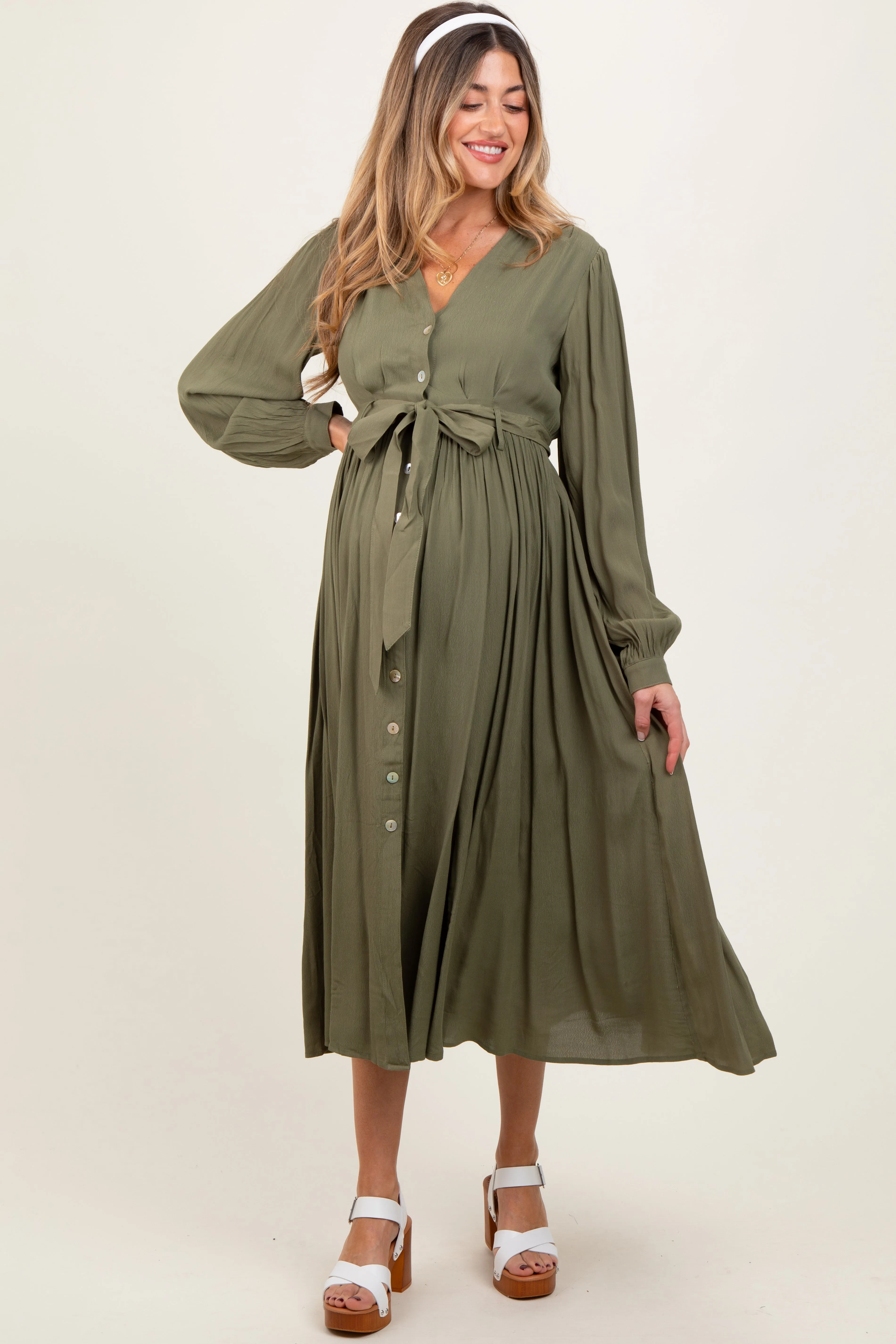 Olive Belted Long Sleeve Maternity Maxi Dress sold by Pinkblush product image thumbnail 2