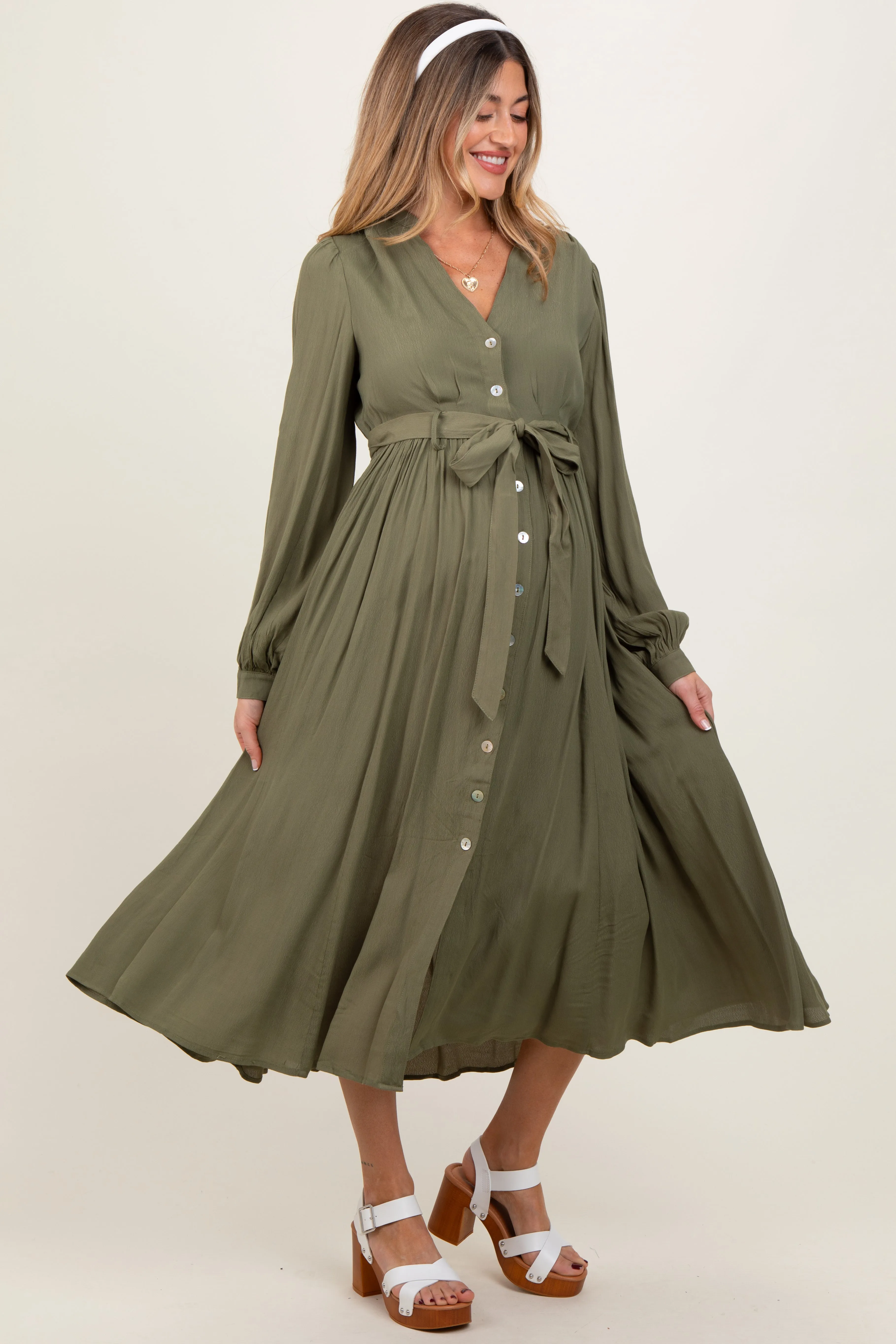 Olive Belted Long Sleeve Maternity Maxi Dress sold by Pinkblush product image thumbnail 3