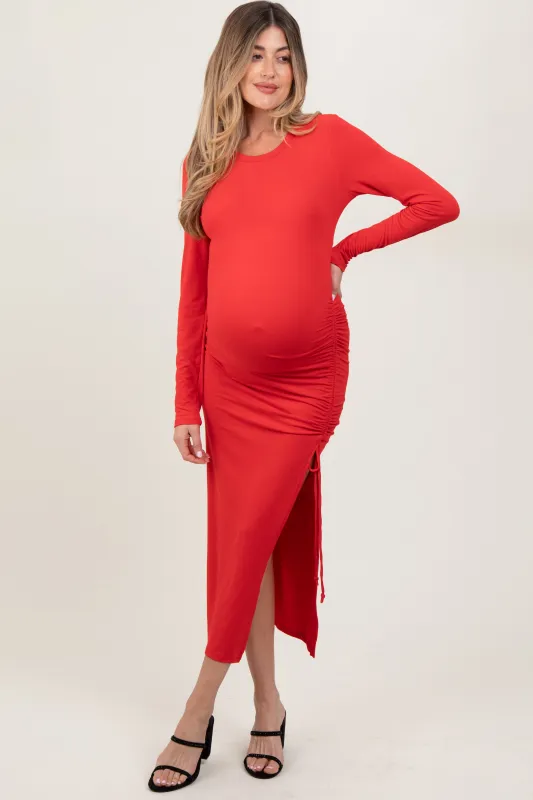 Red Ruched Tie Side Slit Maternity Midi Dress sold by Pinkblush