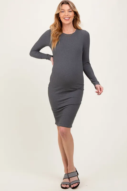 Black Crew Neck Double Layered Rib Maternity Mini Dress made by Pinkblush