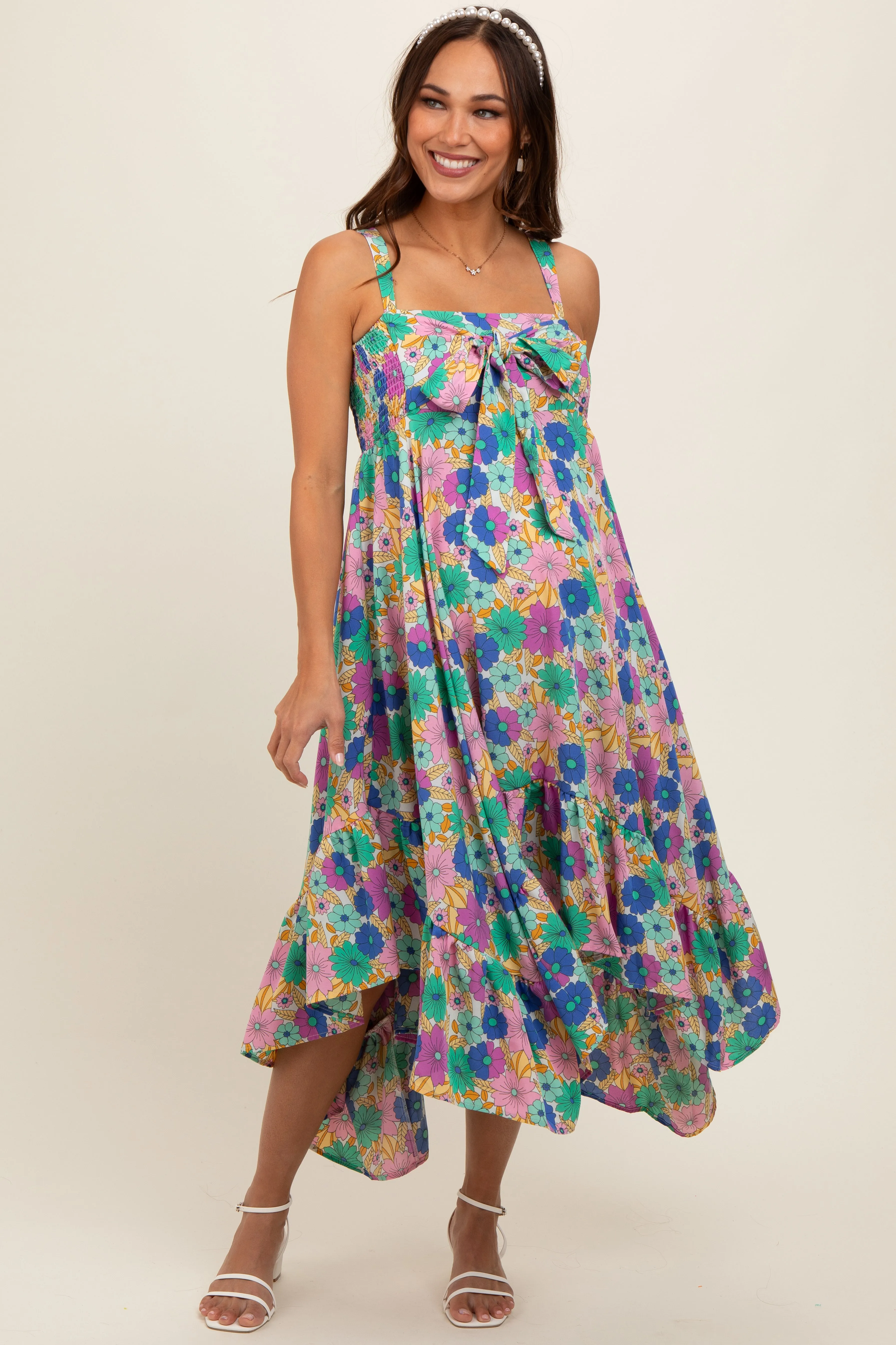 Magenta Floral Smocked Sleeveless Maternity Midi Dress sold by Pinkblush