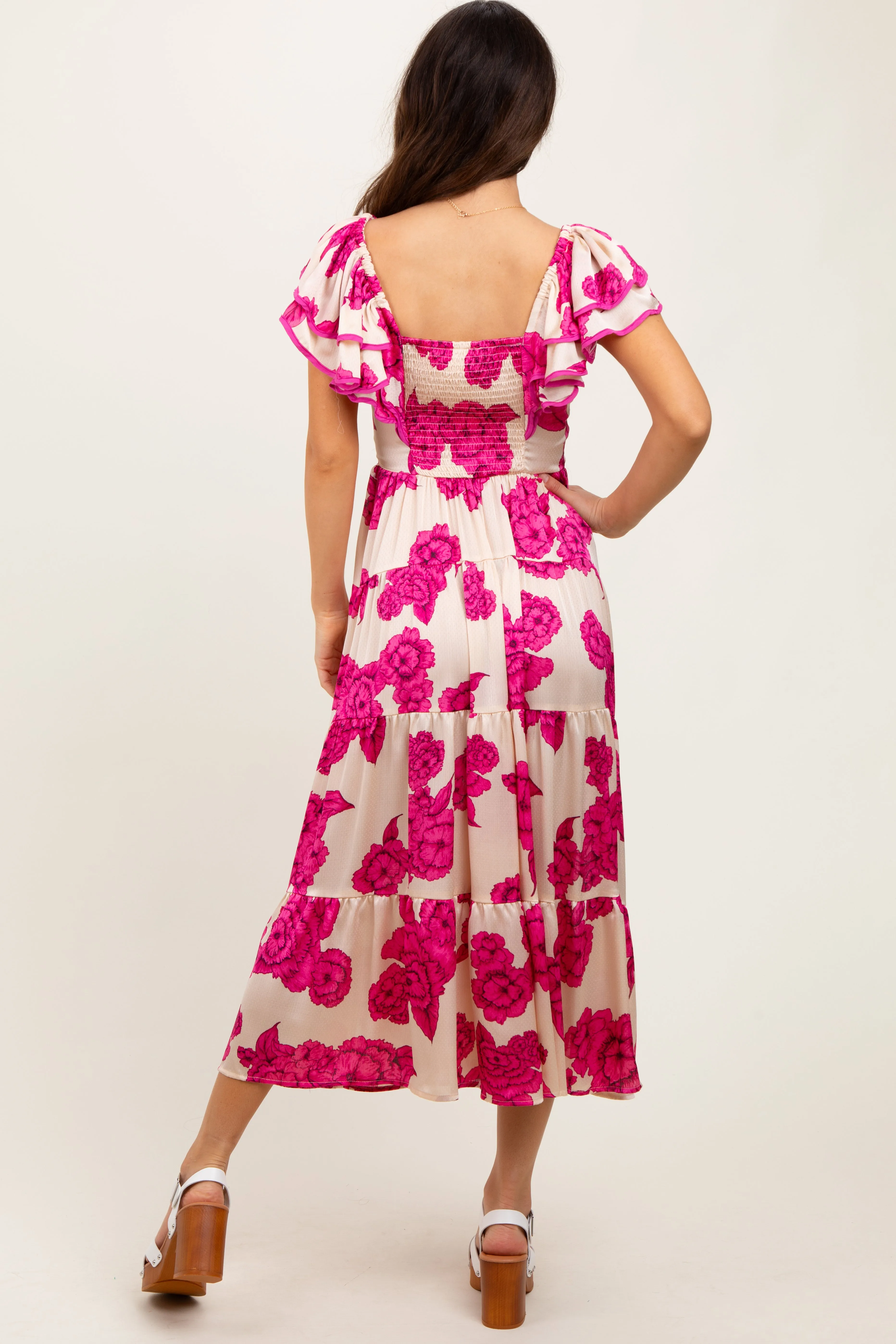 Cream Floral Smocked Waist Tiered Midi Dress sold by Pinkblush product image thumbnail 3
