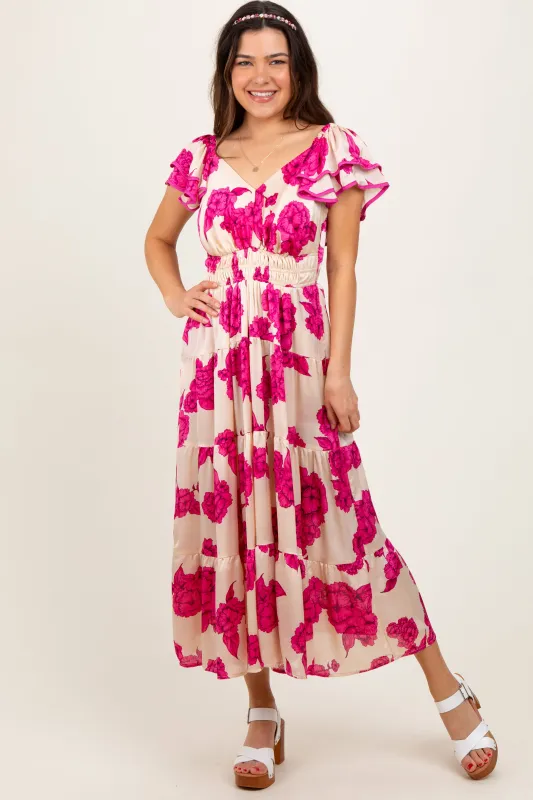 Cream Floral Smocked Waist Tiered Midi Dress sold by Pinkblush