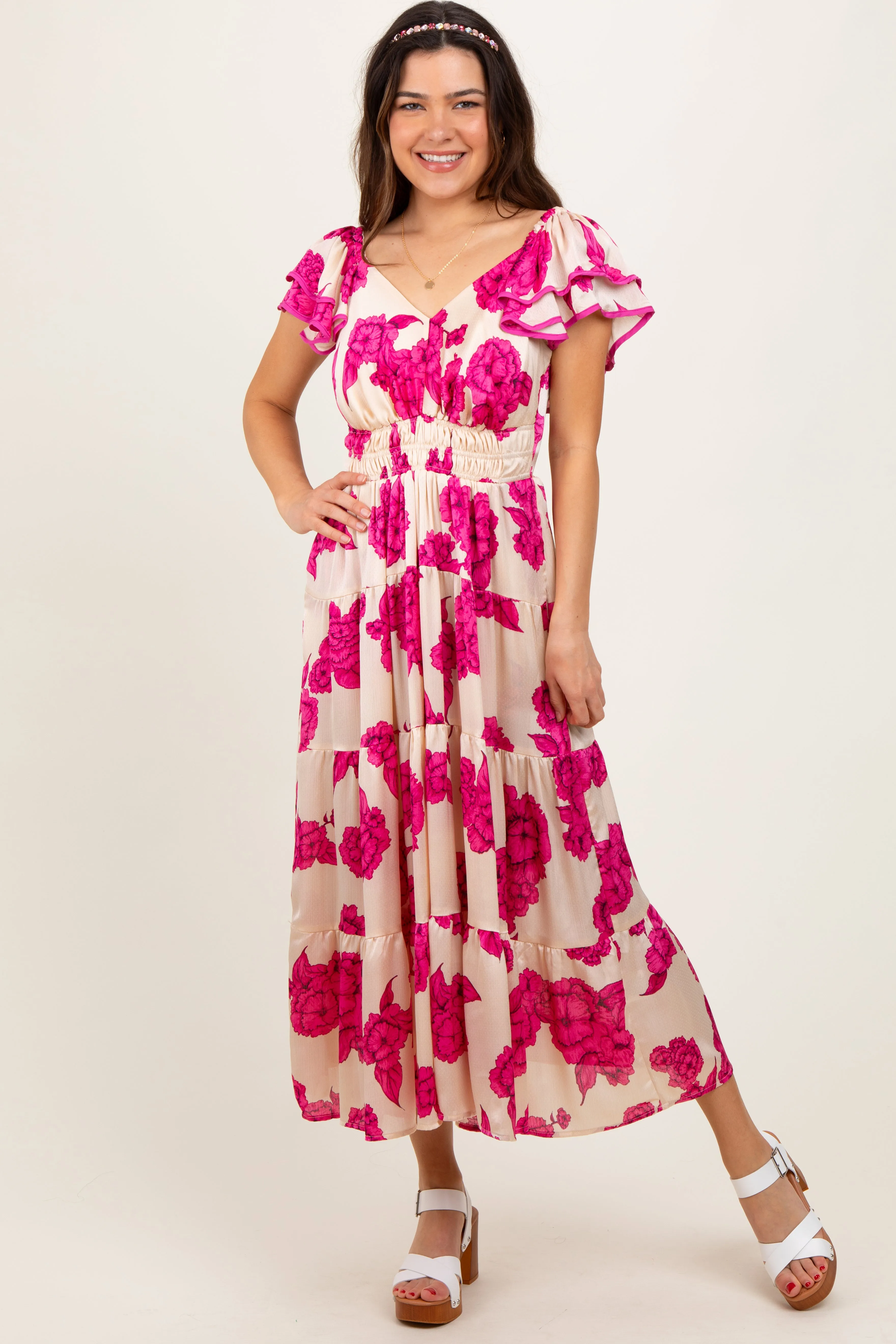 Cream Floral Smocked Waist Tiered Midi Dress sold by Pinkblush