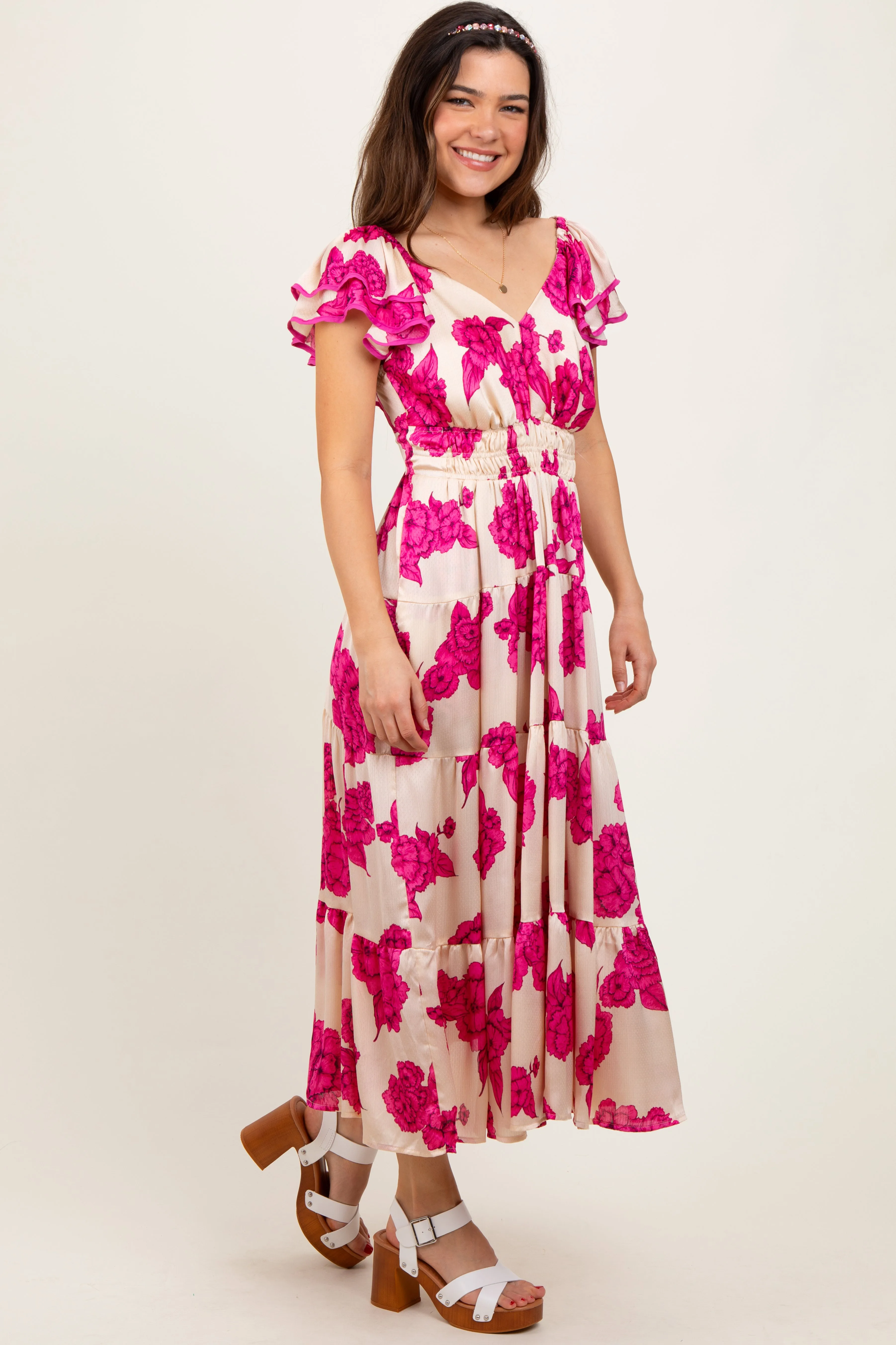 Cream Floral Smocked Waist Tiered Midi Dress sold by Pinkblush product image thumbnail 2