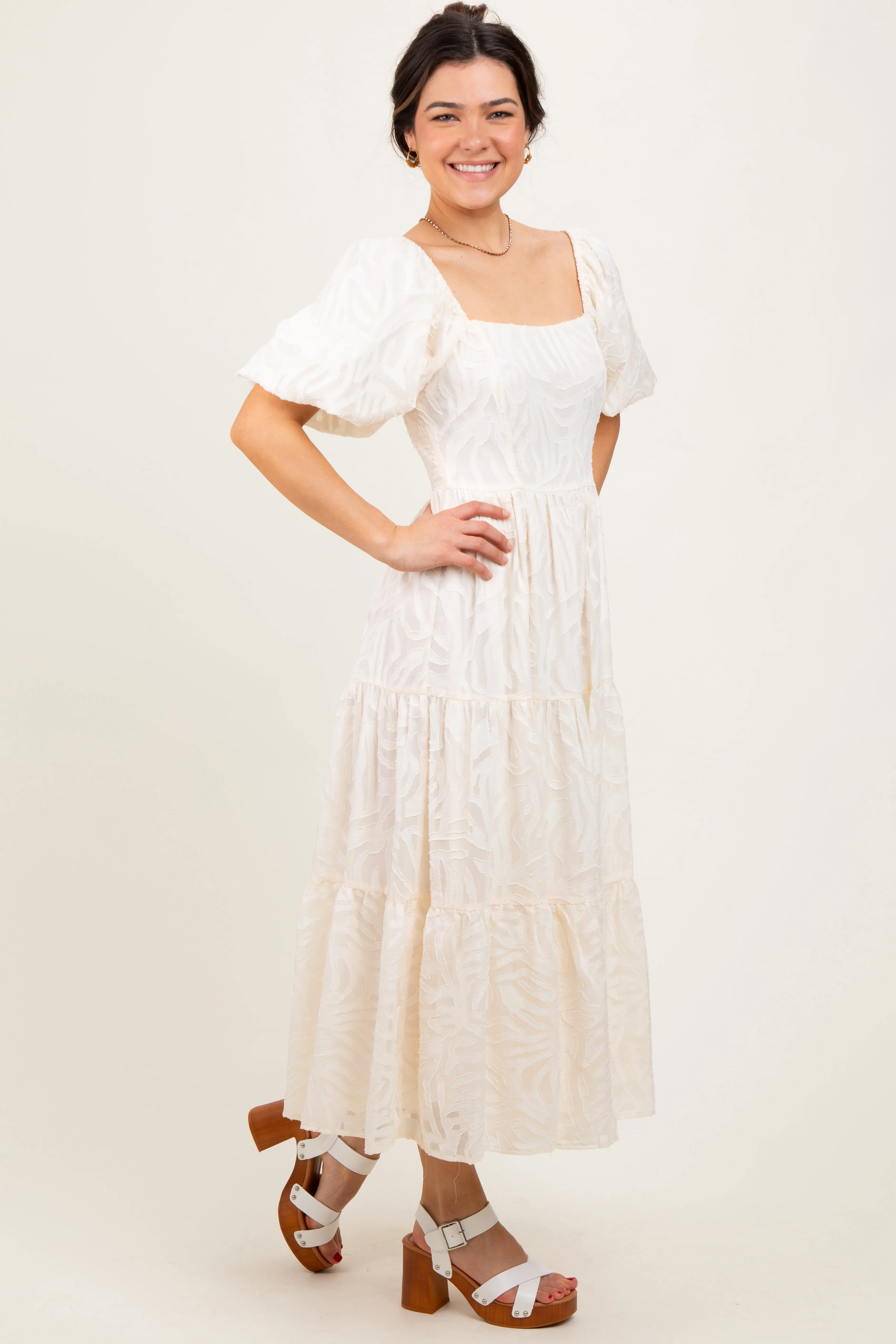 Cream Jacquard Puff Sleeve Tiered Midi Dress sold by Pinkblush product image thumbnail 3